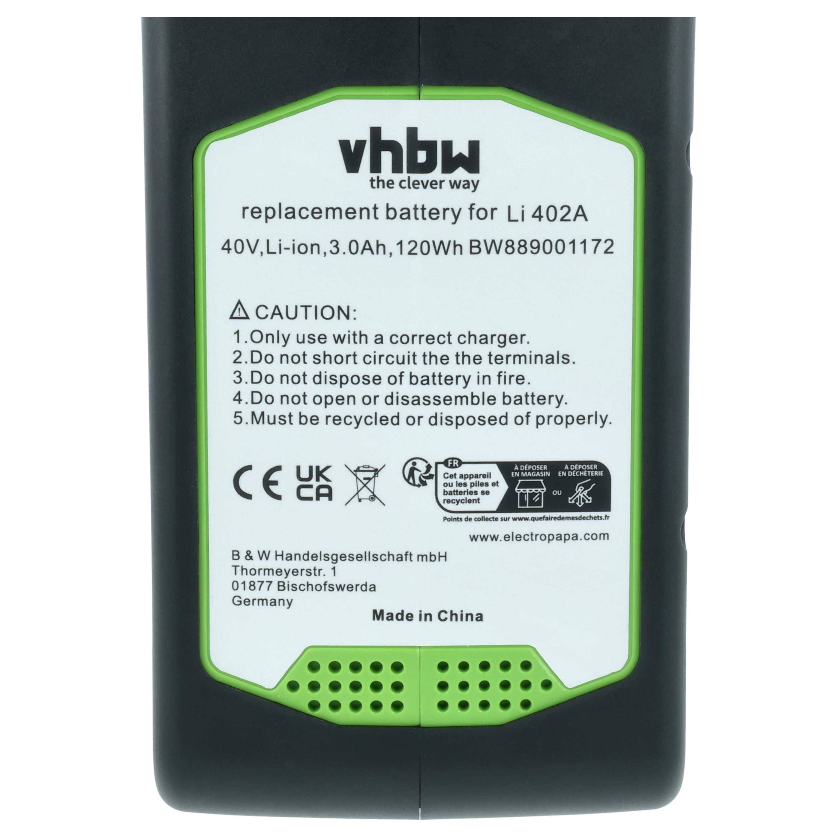 vhbw Akku kompatibel mit Greenworks 1403302, 2016802AZ, 2012802, 1341302-VK, 2009702, 1403702 Rasenmäher Akku-Gartengerät (3000mAh 40V Li-Ion)