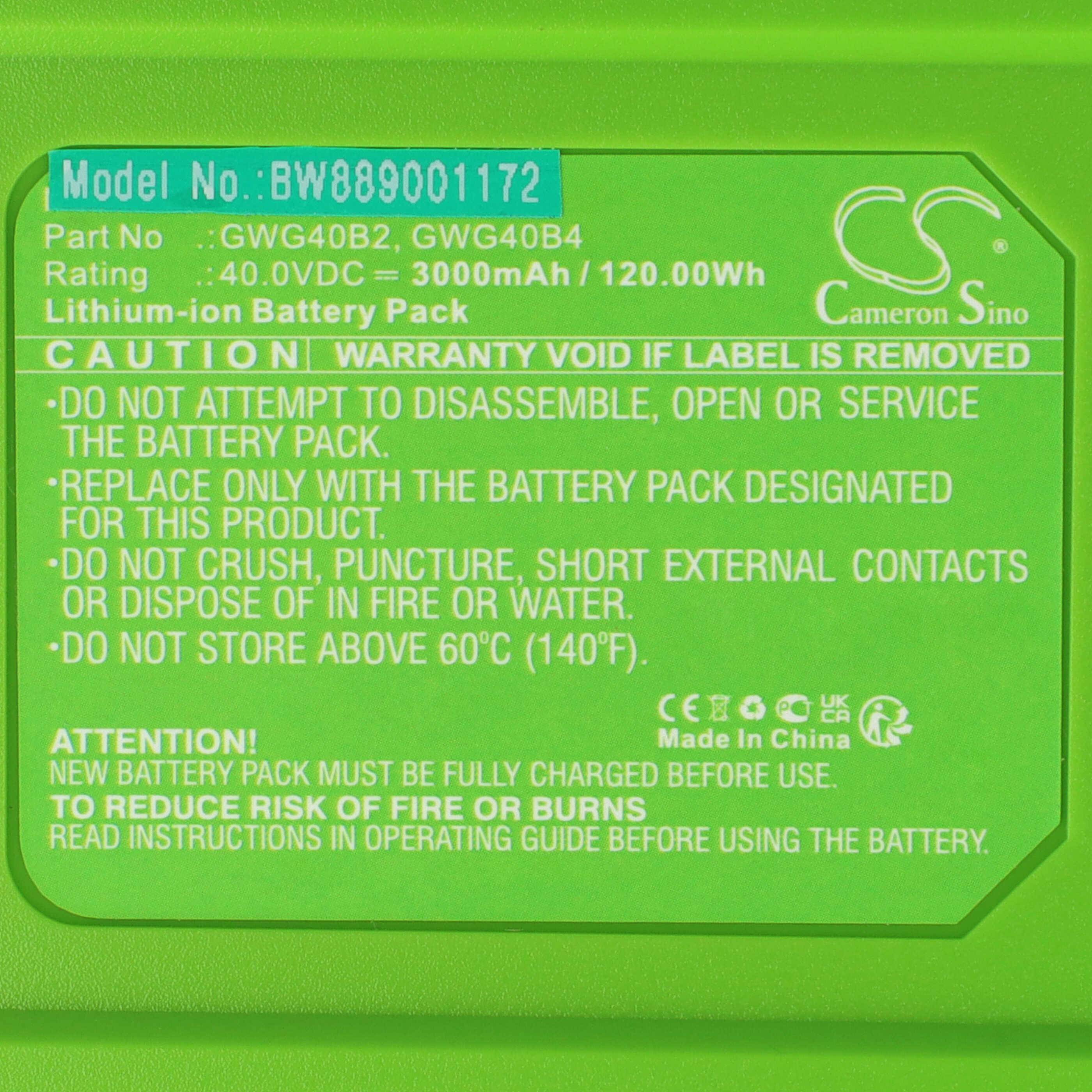 vhbw Akku kompatibel mit Greenworks 40V Cordless 12, 40V Cordless 20 Rasenmäher Akku-Gartengerät (3000mAh, 40V, Li-Ion)