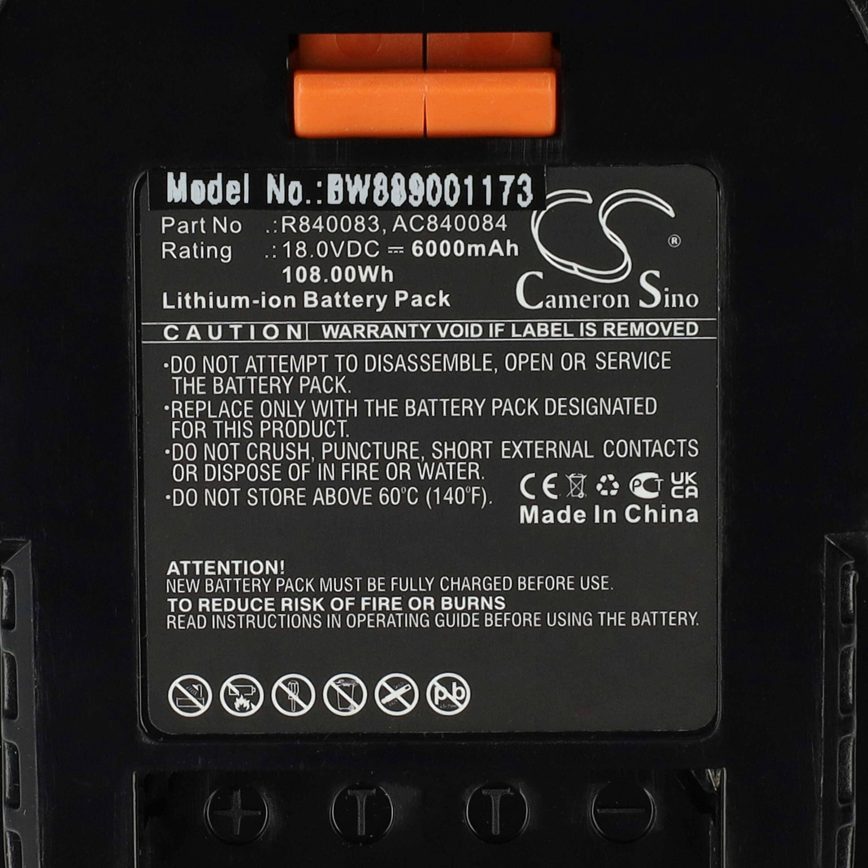 vhbw Akku kompatibel mit Ridgid R840083, R840084, R840085, 130383028, R840086, 130383025, 130383001 Werkzeug (6000 mAh, Li-Ion, 18 V)