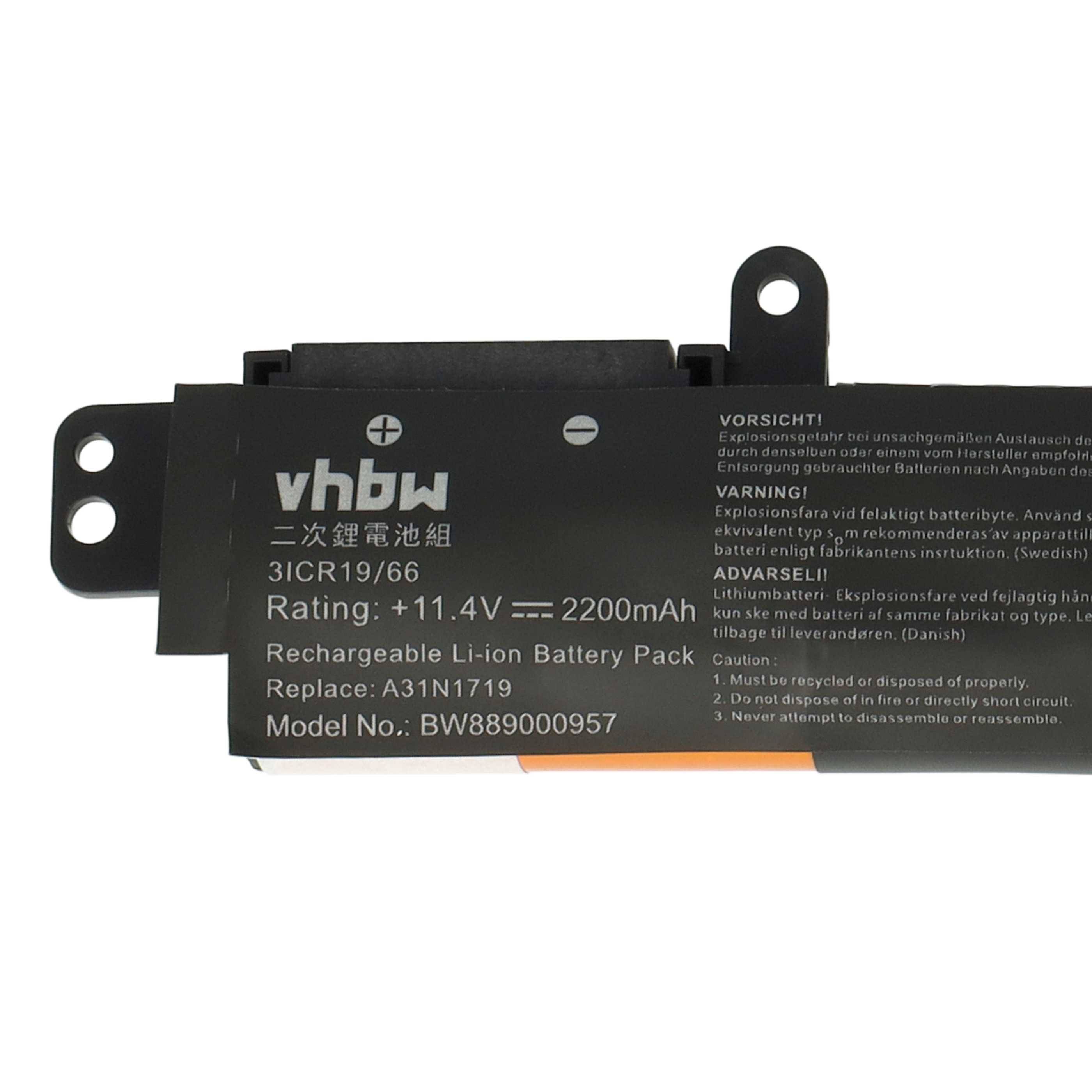 Schwarzer Laptop-Akku mit Etikett, das die Marke 'vhbw' zeigt, 'Wiederaufladbarer Li-Ion-Akkupack', '11,4V, 2200mAh', und Sicherheitswarnungen.