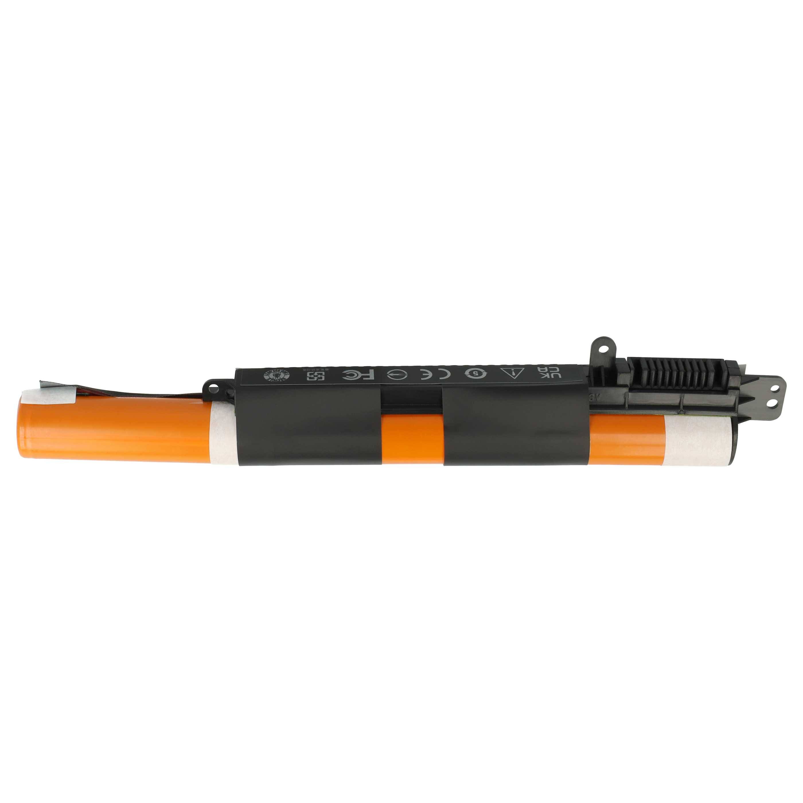 Orange und schwarze zylindrische Batterie mit Symbolen und Markierungen, die auf einer Seite einen hervorstehenden Anschluss aufweist.