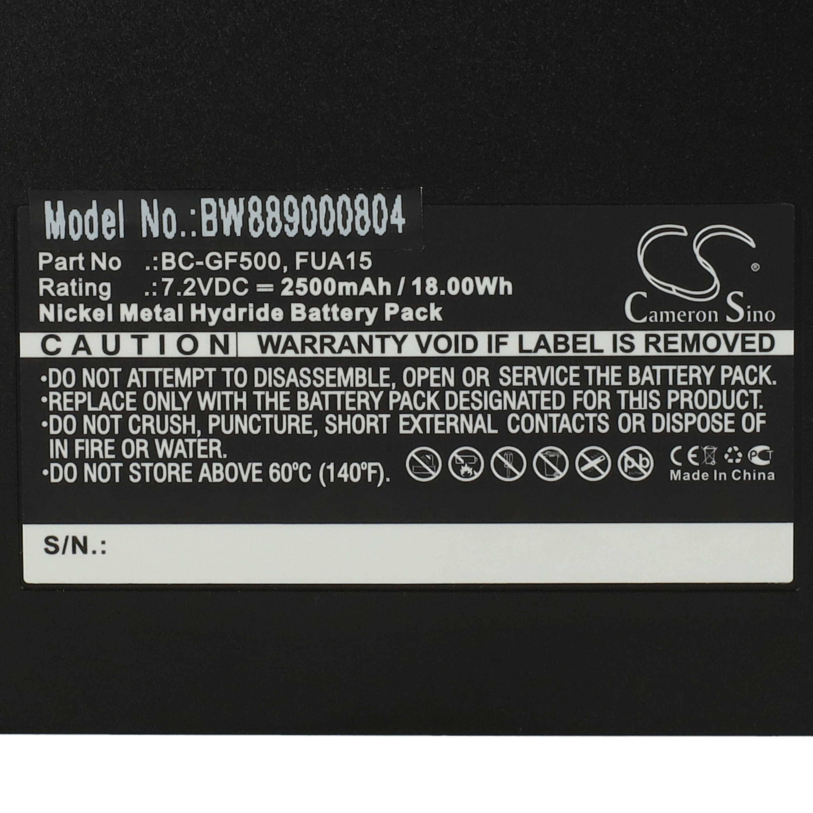 Nickel-Metallhydrid-Akkupack Modell-Nr. BW889000804, Teilenummer BC-GF500, FUA15, 7,2 VDC 2500 mAh. Garantie erlischt bei Entfernung des Etiketts.