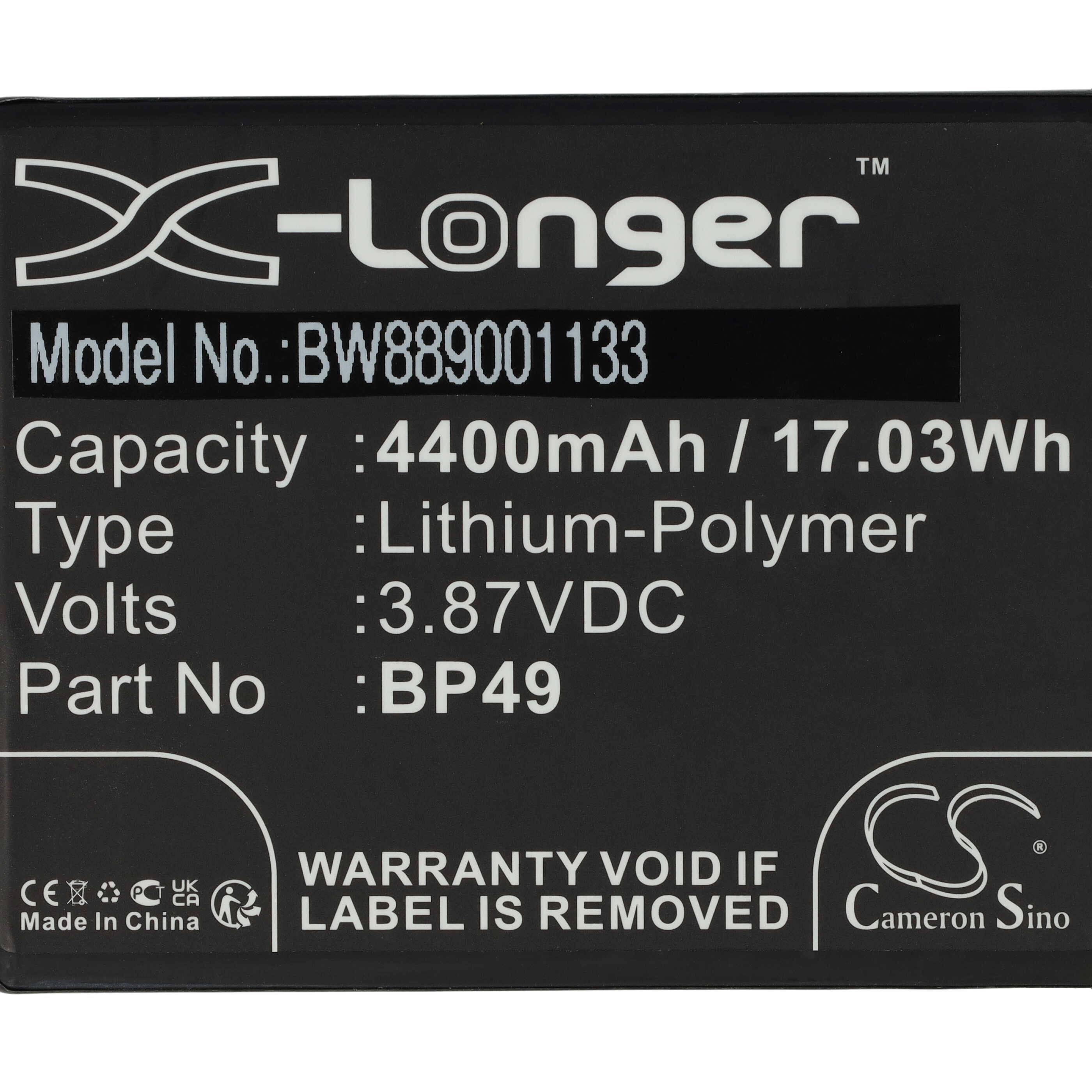X-Longer' Batterie-Etikett mit Modellnummer 'BW889001133', Kapazität '4400mAh / 17.03Wh', Typ 'Lithium-Polymer', Spannung '3.87VDC', Teilenummer 'BP49'. Warnung: 'Garantie erlischt, wenn das Etikett entfernt wird'.