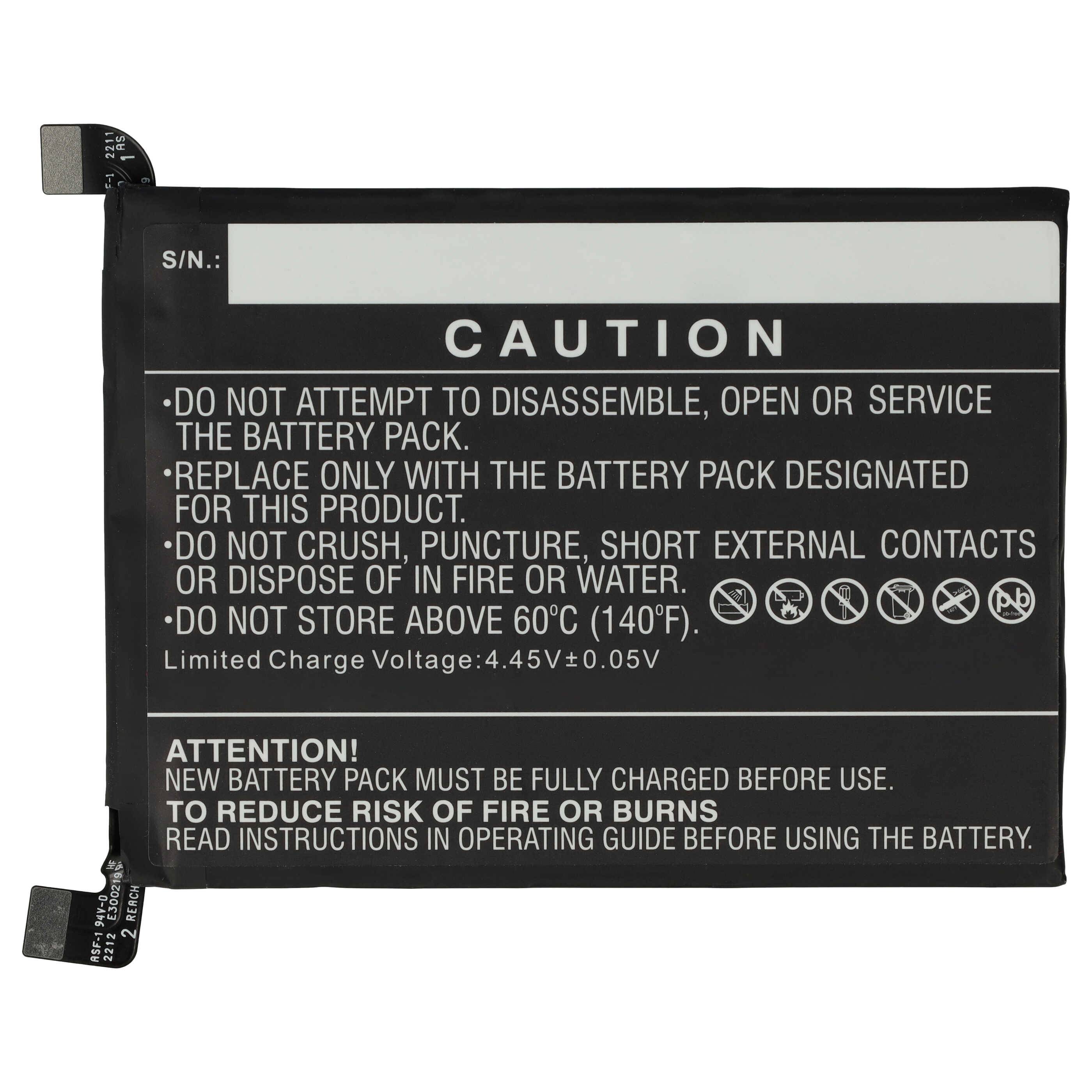 Batterie mit Vorsichtswarnungen: Nicht auseinandernehmen, durch denselben Typ ersetzen, vorsichtig handhaben. Lagerung über 60°C (140°F) vermeiden.