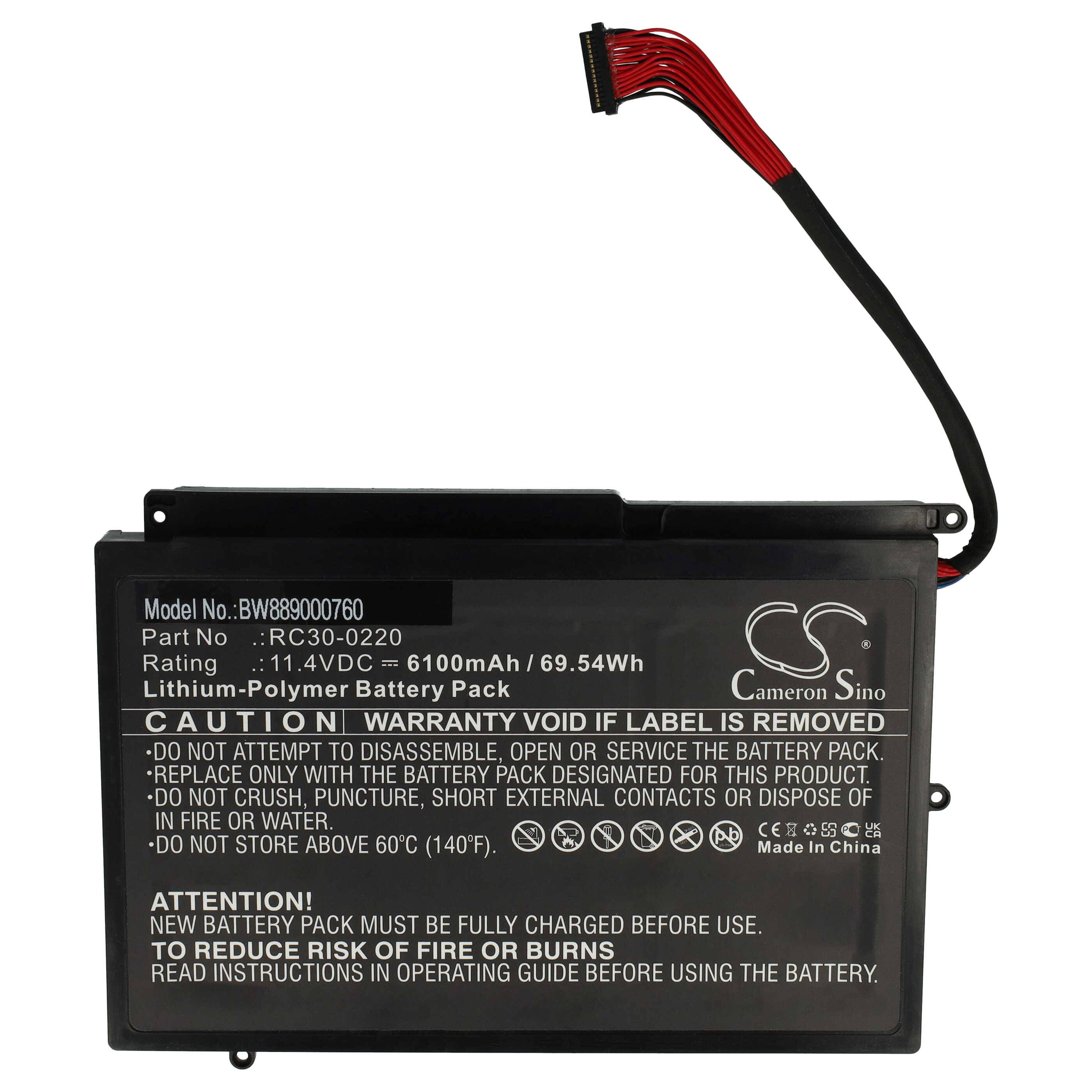 Rechteckiges Lithium-Polymer-Akkupack mit einem Etikett, das das Modell RC30-0220, eine Kapazität von 6100 mAh und in weißer Schrift gedruckte Sicherheitswarnungen anzeigt.