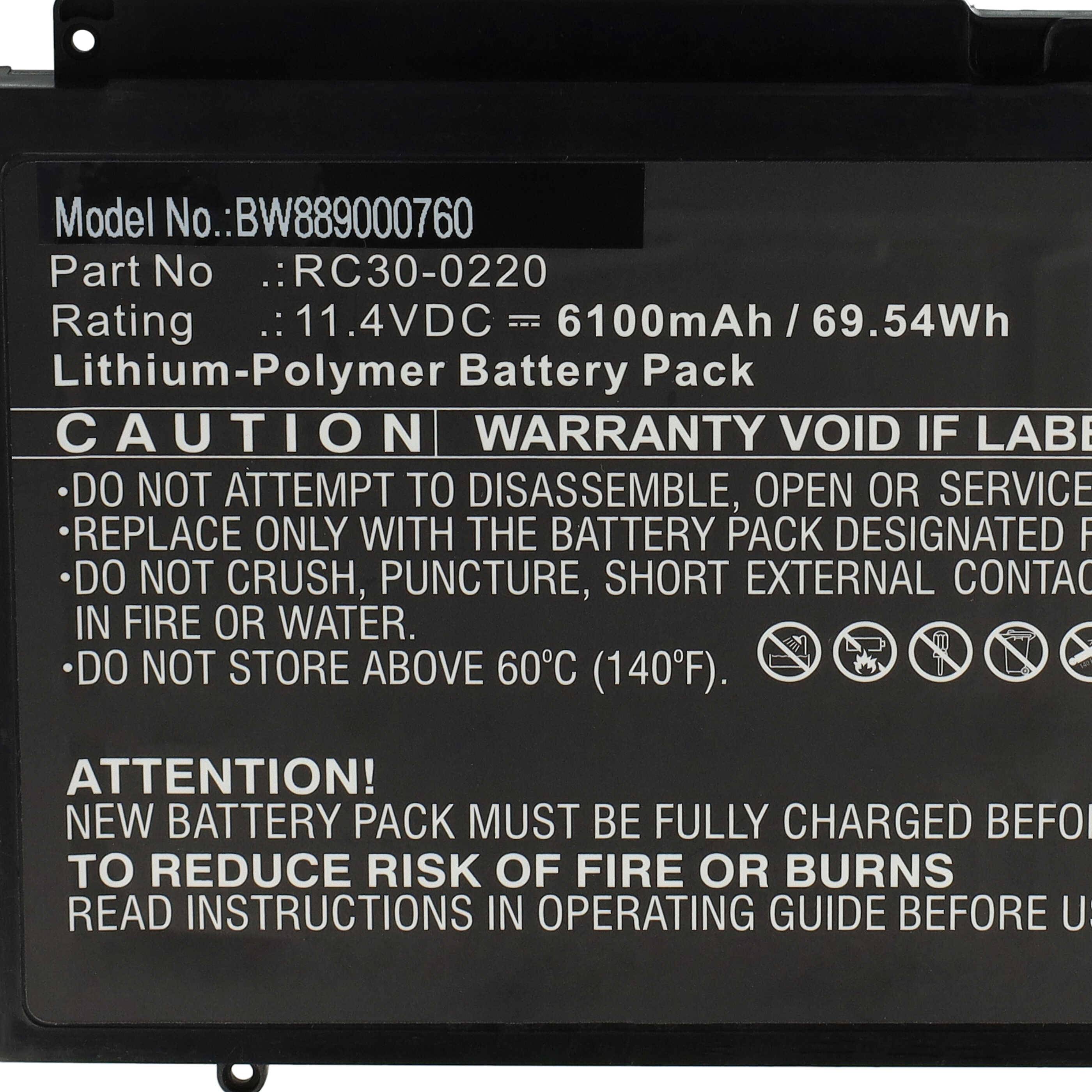 Batteriekennzeichnung mit Modellnummer RC30-0220 und Spezifikationen: 11,4V, 6100mAh, 69,54Wh. Warnhinweise: Nicht auseinandernehmen oder Feuer oder Wasser aussetzen.