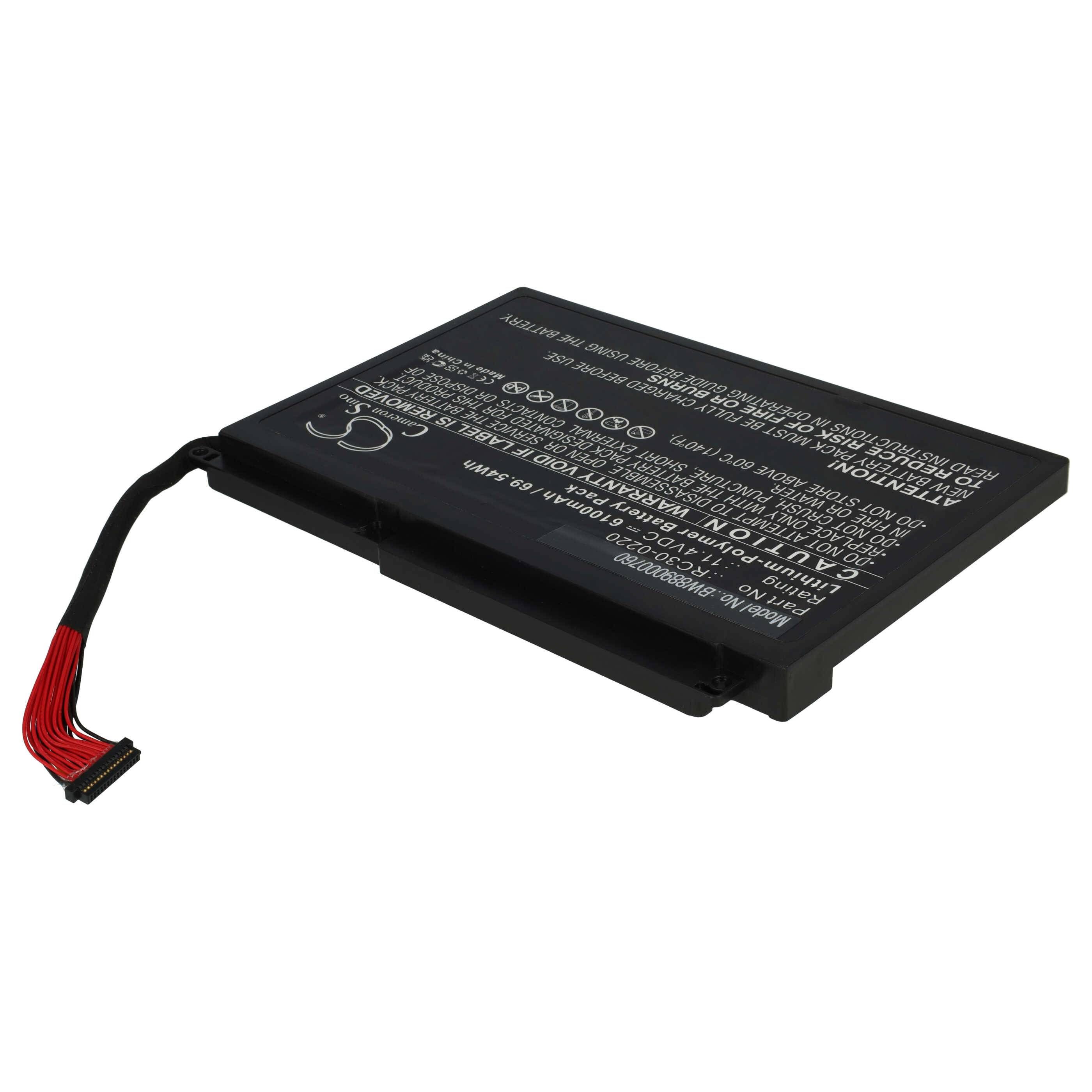 Eine schwarze wiederaufladbare Lithium-Ionen-Batterie mit weißem Text, der Spezifikationen und Sicherheitswarnungen angibt, mit einem rot-schwarzen Steckverbinder.