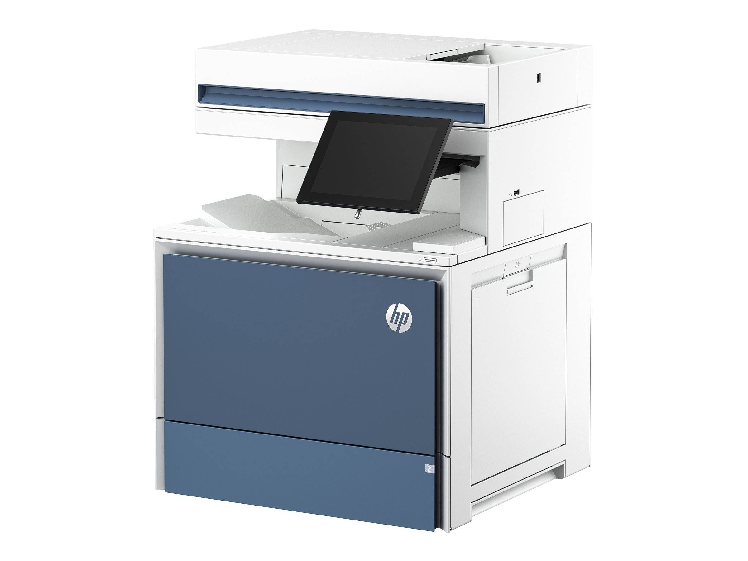 HP Multifunktionsdrucker/Kiosk mit Touchscreen und Ausgabefach, dargestellt in einem weißen und blauen schrankförmigen Gerät.