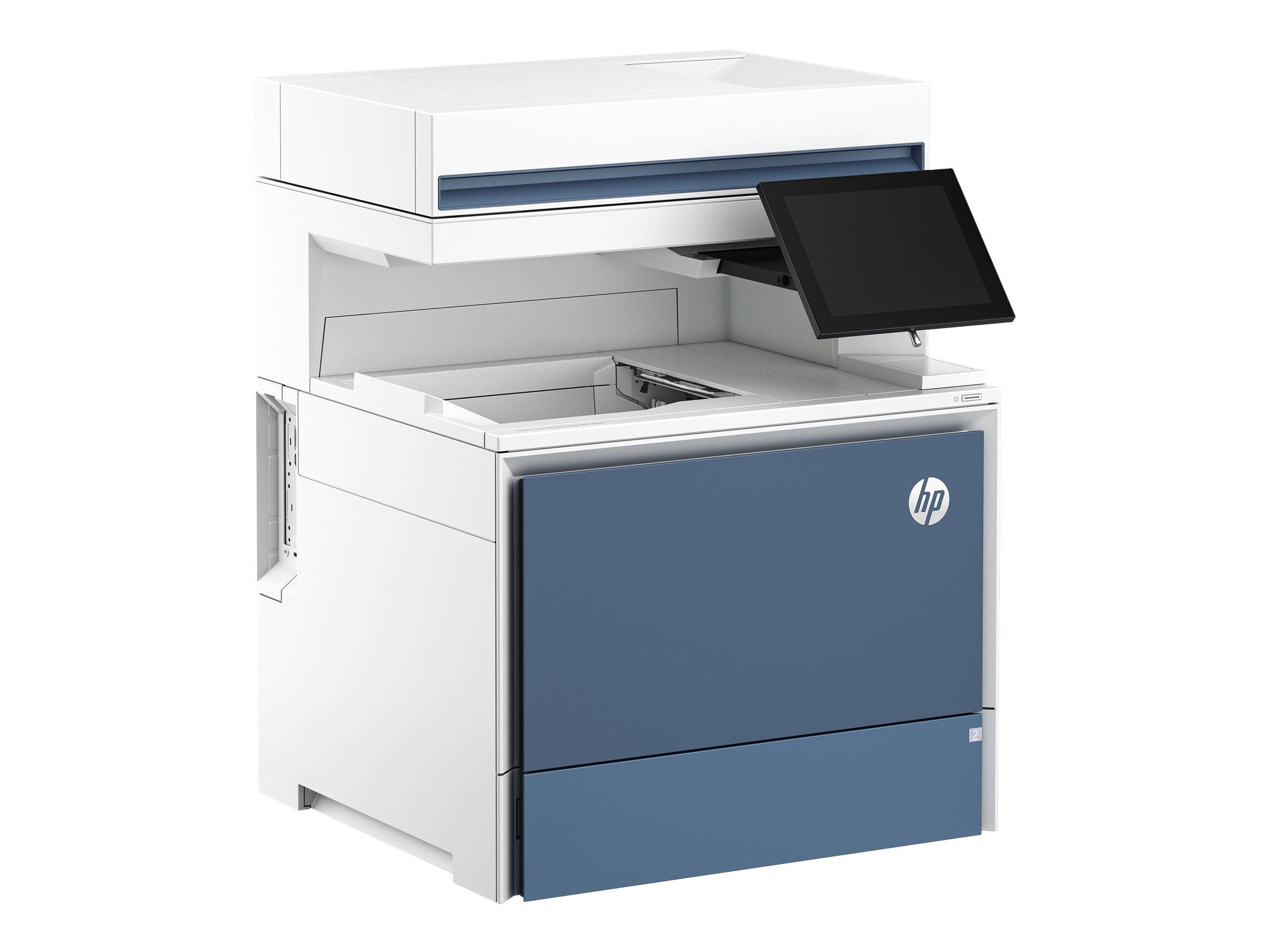 HP-Multifunktionsdrucker/Kopierer mit einem offenen Touchscreen-Bedienfeld und blauer Frontabdeckung, isoliert auf weißem Hintergrund dargestellt.