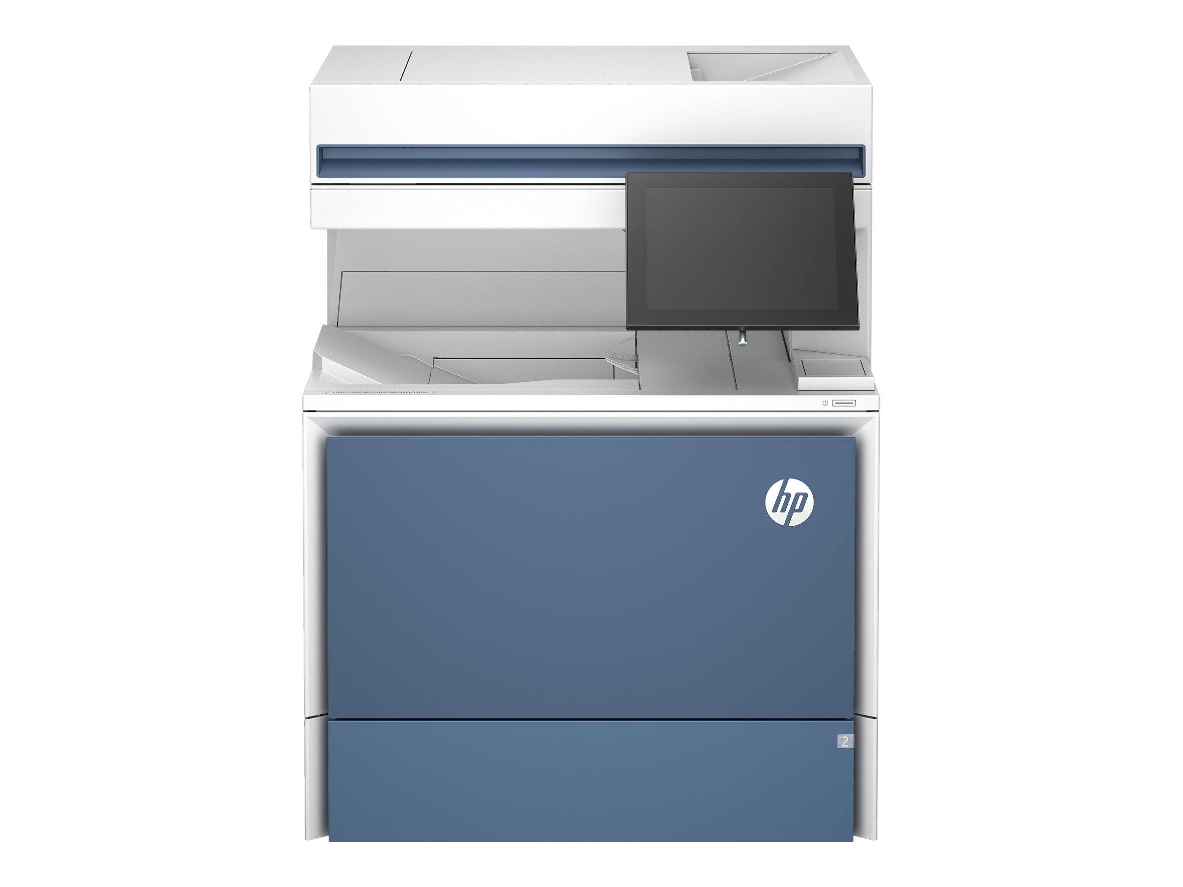 Frontansicht eines HP-Multifunktionsdruckers mit Touchscreen-Bedienfeld und Papierfach, abgebildet vor weißem Hintergrund.