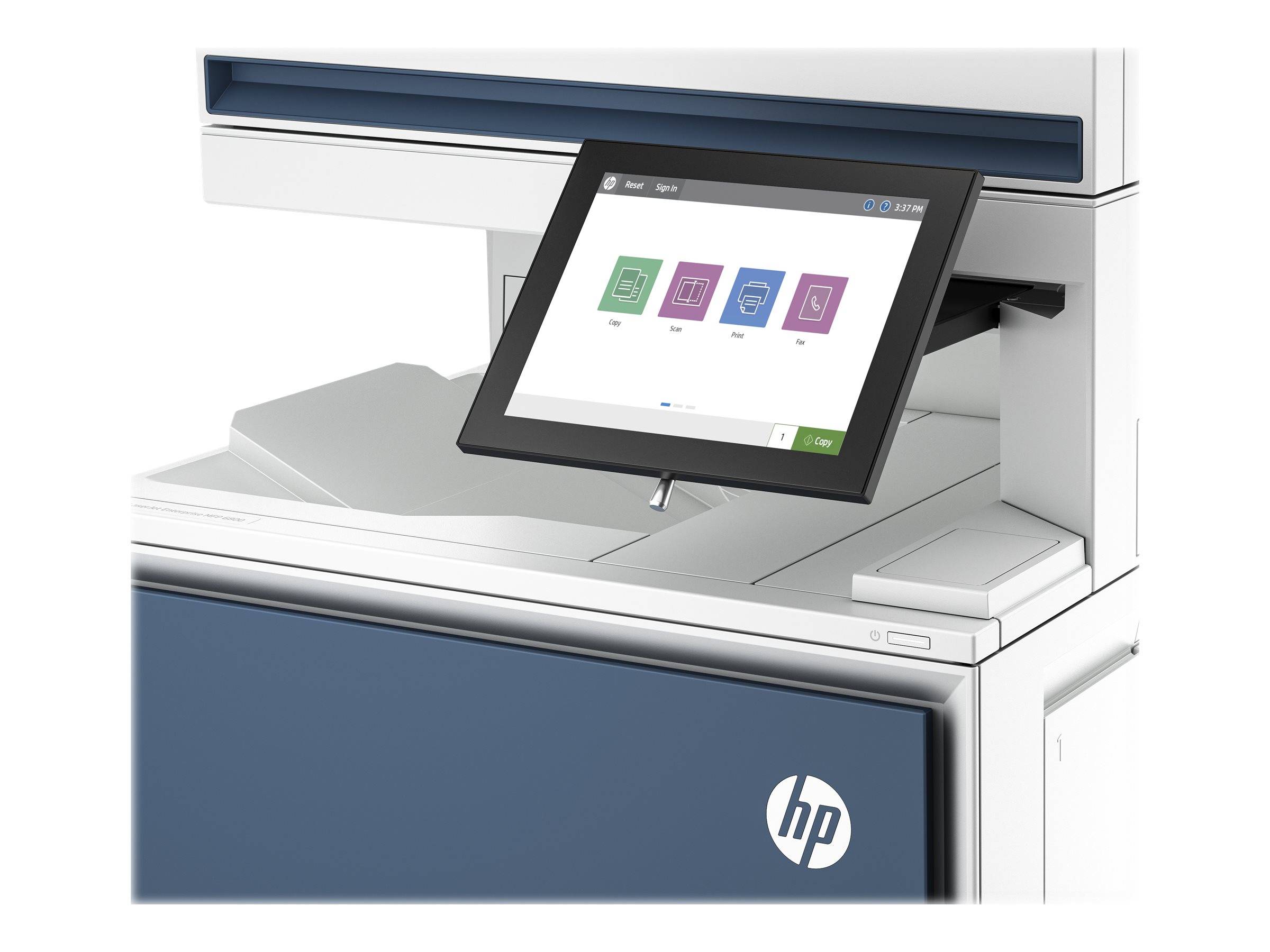 HP-Multifunktionsdrucker mit einem Touchscreen-Bedienfeld, das farbige App-Symbole anzeigt.