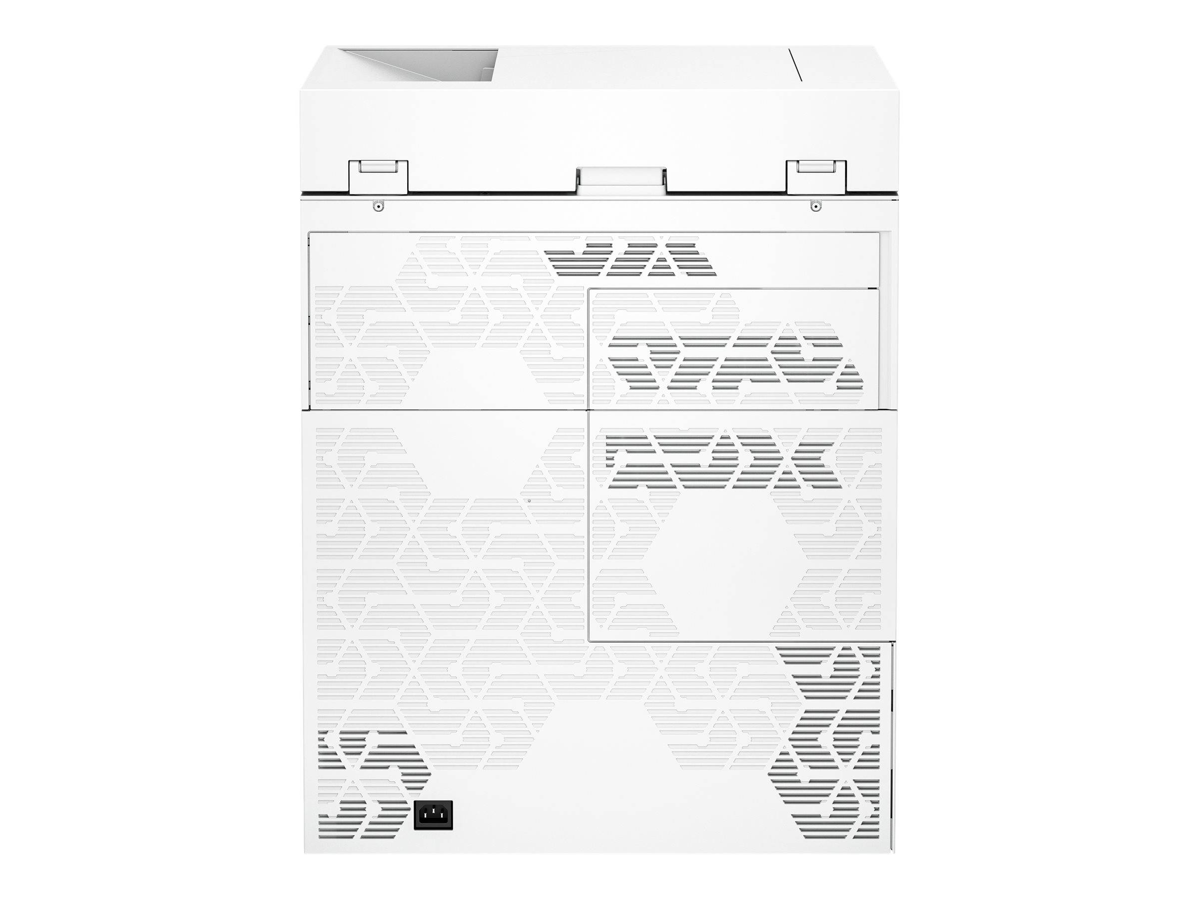Weiße Produktverpackung oder Gerätebox mit geometrischen Mustern und einem kleinen schwarzen Logo in der Nähe der unteren linken Ecke.