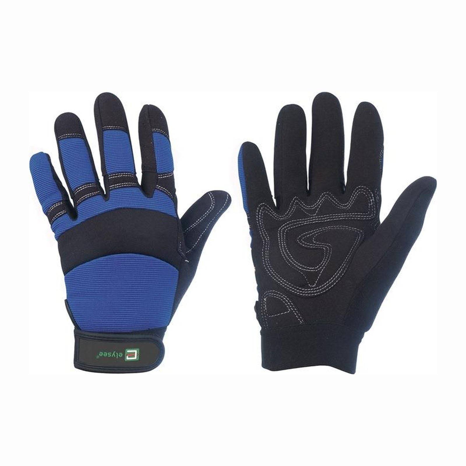 „Blau und schwarz gefärbtes Handschuhpaar mit verstärkten Nähten und Gummigriff, entwickelt für Sport- oder industrielle Anwendungen.