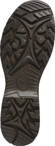 Eine Nahaufnahme der Sohle eines Schuhs mit einem strukturierten Muster aus geometrischen Formen und einem kreisförmigen Logo in der Nähe der Ferse.