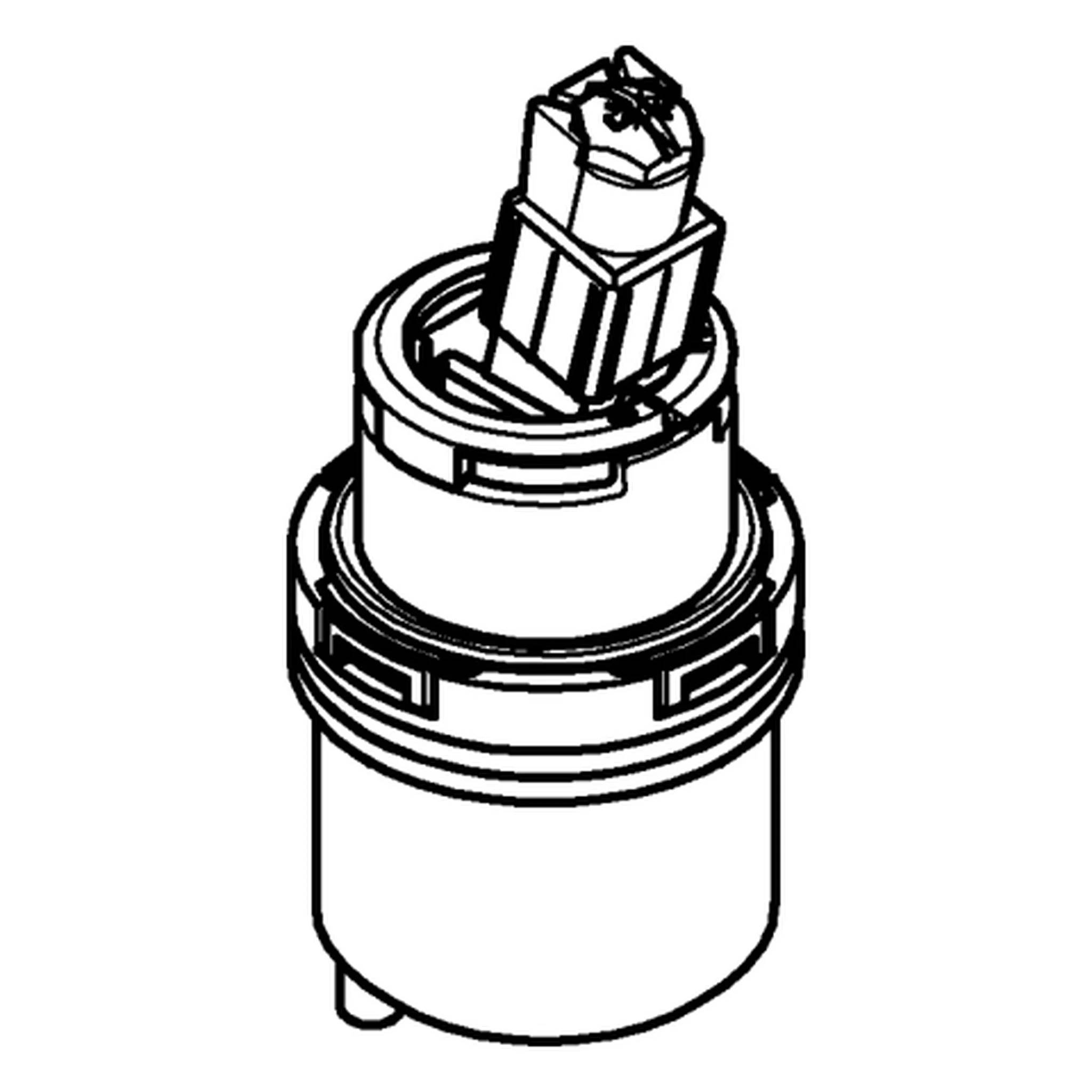 Schwarz-weiße technische Zeichnung einer zylindrischen mechanischen Patrone oder eines Ventilbauteils mit einem zentralen erhöhten Anschluss und einem kreisförmigen Verriegelungsring.