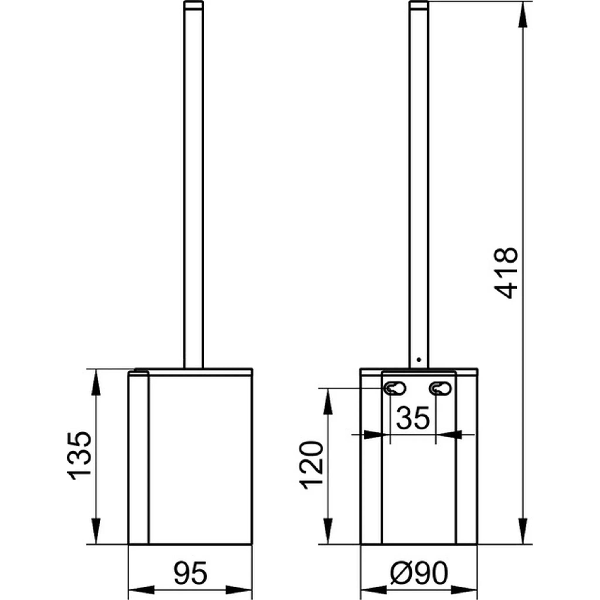 Technische Zeichnung einer Toilettenbürste mit Halterung und Griff: Vorder- und Seitenansichten zeigen folgende Abmessungen: 418 mm Gesamthöhe, 135 mm Höhe der Bürstenhalterung, 120 mm Körperhöhe, 95 mm Breite, 90 mm Durchmesser und 35 mm Öffnungsabstand.