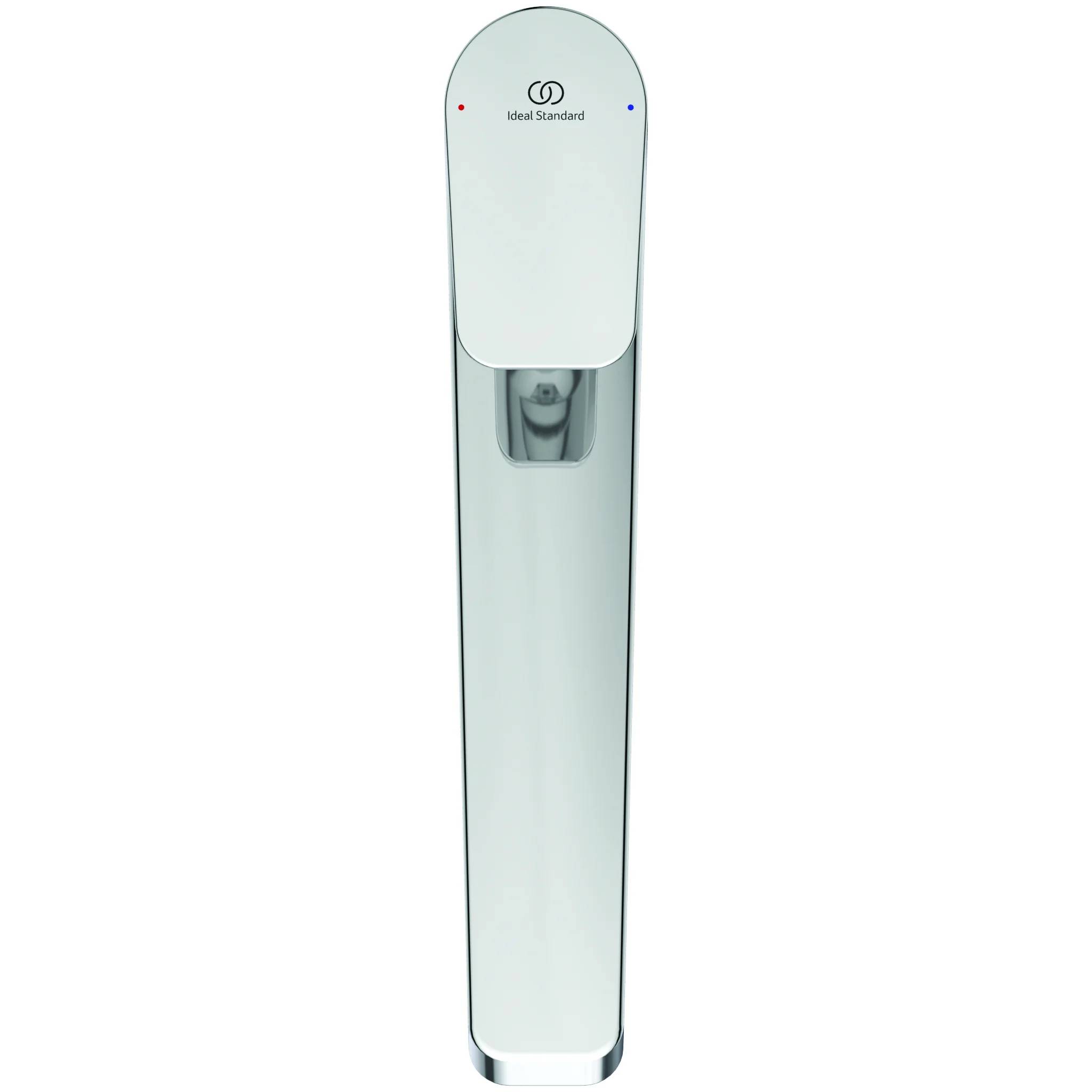 Weißer Ideal Standard Badezimmerhahn mit roten und blauen Temperaturanzeigen und einer vertieften Auslauföffnung.