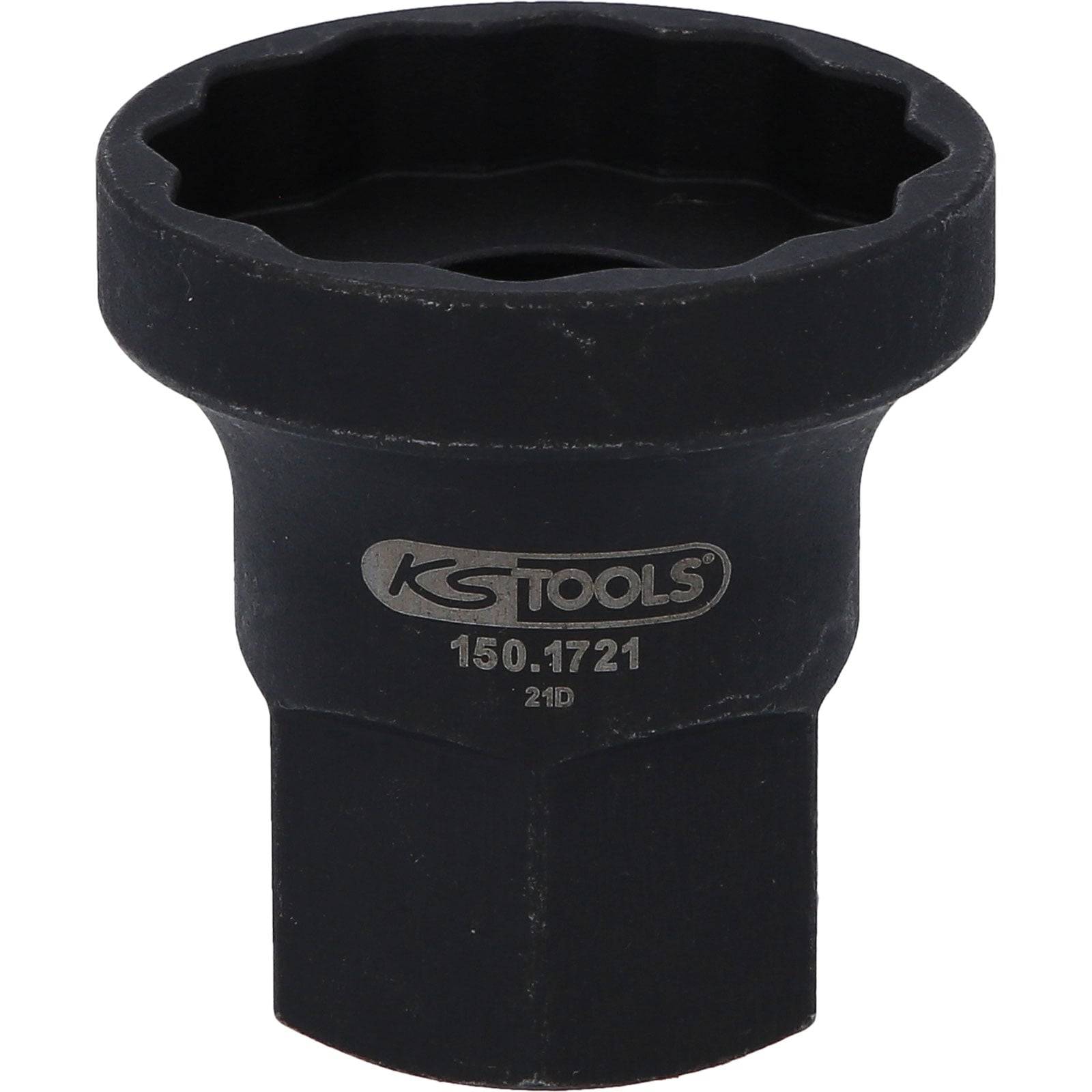 Ein schwarzer KS Tools Steckschlüssel-Adapter, gekennzeichnet mit '150.1721', geeignet für mechanische Anwendungen.