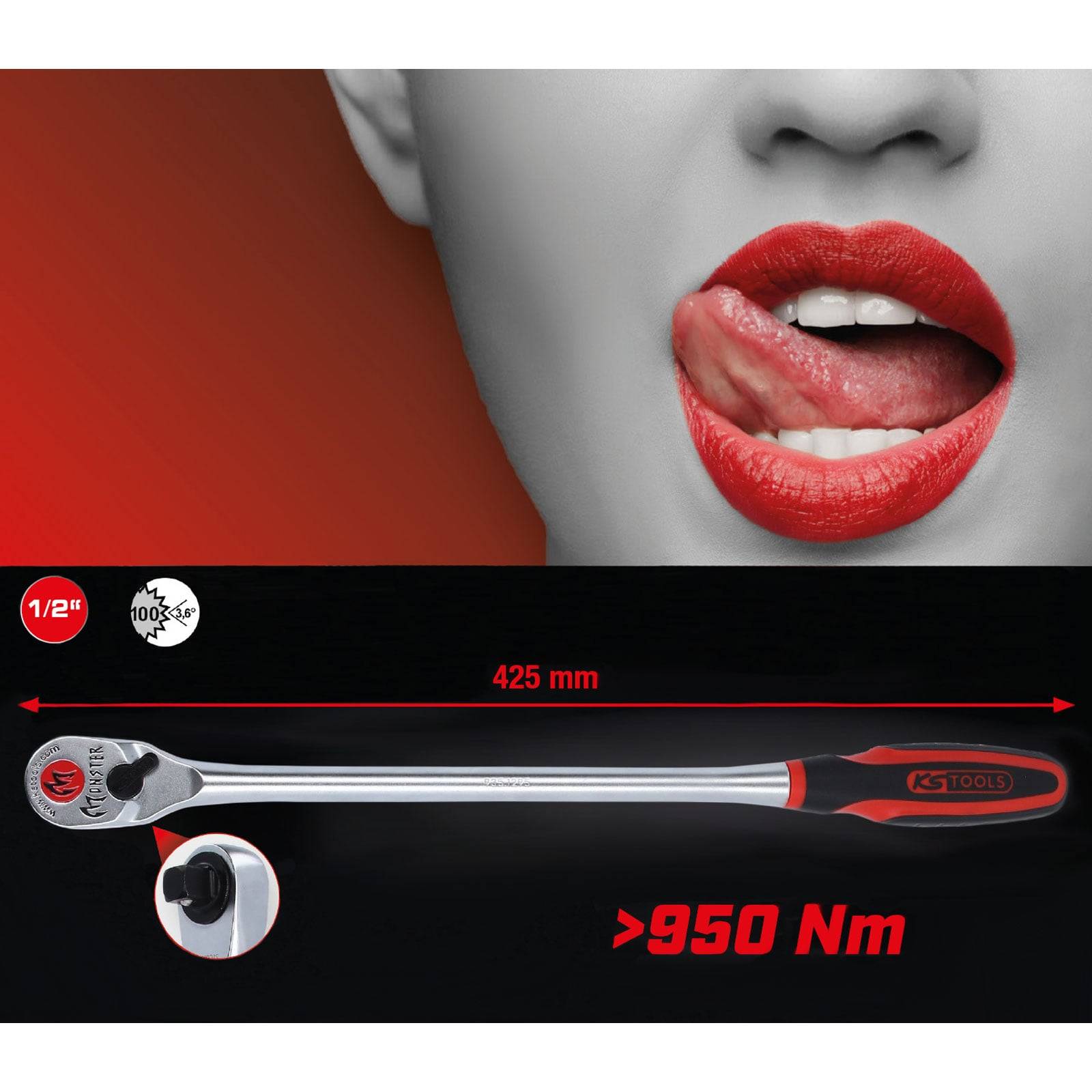 Ein langer Schraubenschlüssel mit angezeigter Drehmomentbewertung von '950 Nm' und Größe von '1/2 Zoll', über einem Bild einer Person mit rotem Lippenstift, die die Zunge herausstreckt.