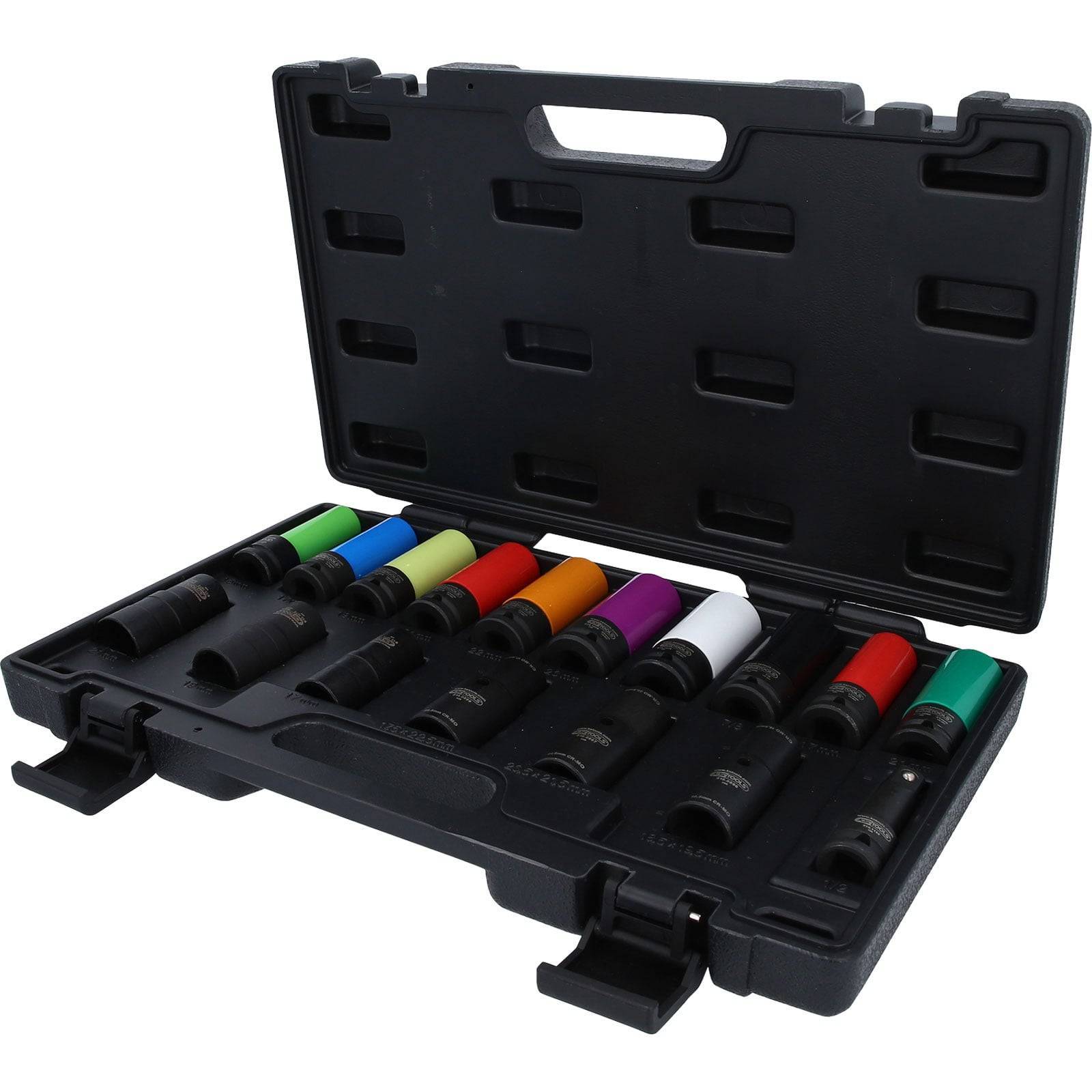 Ein offener schwarzer Werkzeugkoffer, der einen Satz farbiger Steckschlüssel zeigt, die ordentlich und sorgfältig angeordnet sind und verschiedene leuchtende Farben aufweisen.