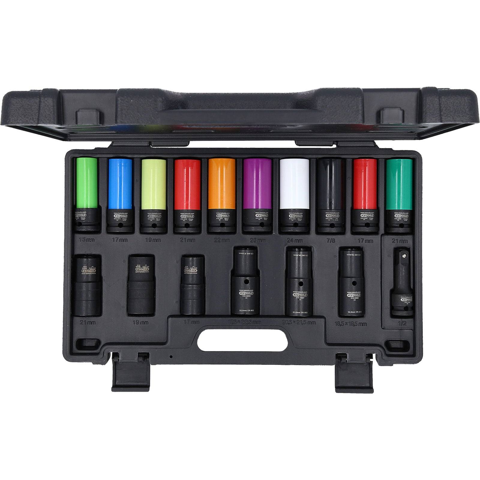 Ein offener schwarzer Koffer mit zwölf bunten Schraubenschlüsseln, die jeweils mit unterschiedlichen Größen beschriftet und in zwei Reihen ordentlich angeordnet sind.