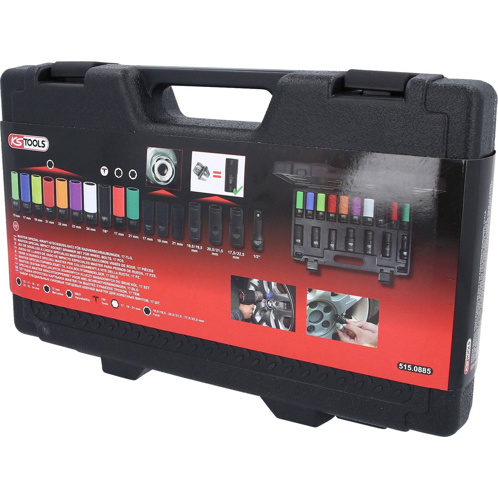 Ein schwarzer Werkzeugkoffer mit bunten Steckdosenkappen und einer Grafik, die verschiedene Größen und Anwendungen zeigt.