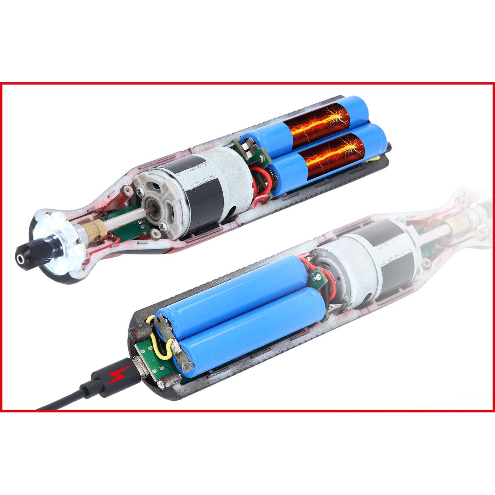 Zwei nebeneinander liegende elektronische Geräteschaltpläne mit zylindrischen Batterien und internen Komponenten, wobei einer teilweise abgedeckt ist.