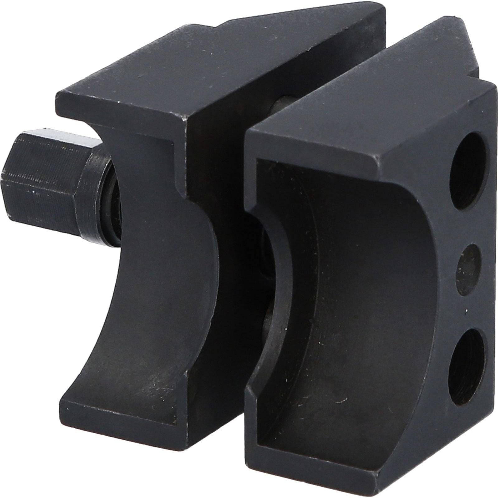 Eine schwarze Metallklemme mit einem Bolzen, die zum Befestigen zylindrischer Objekte verwendet wird und zwei Löcher an einer Seite aufweist, vor einem einfarbigen Hintergrund.