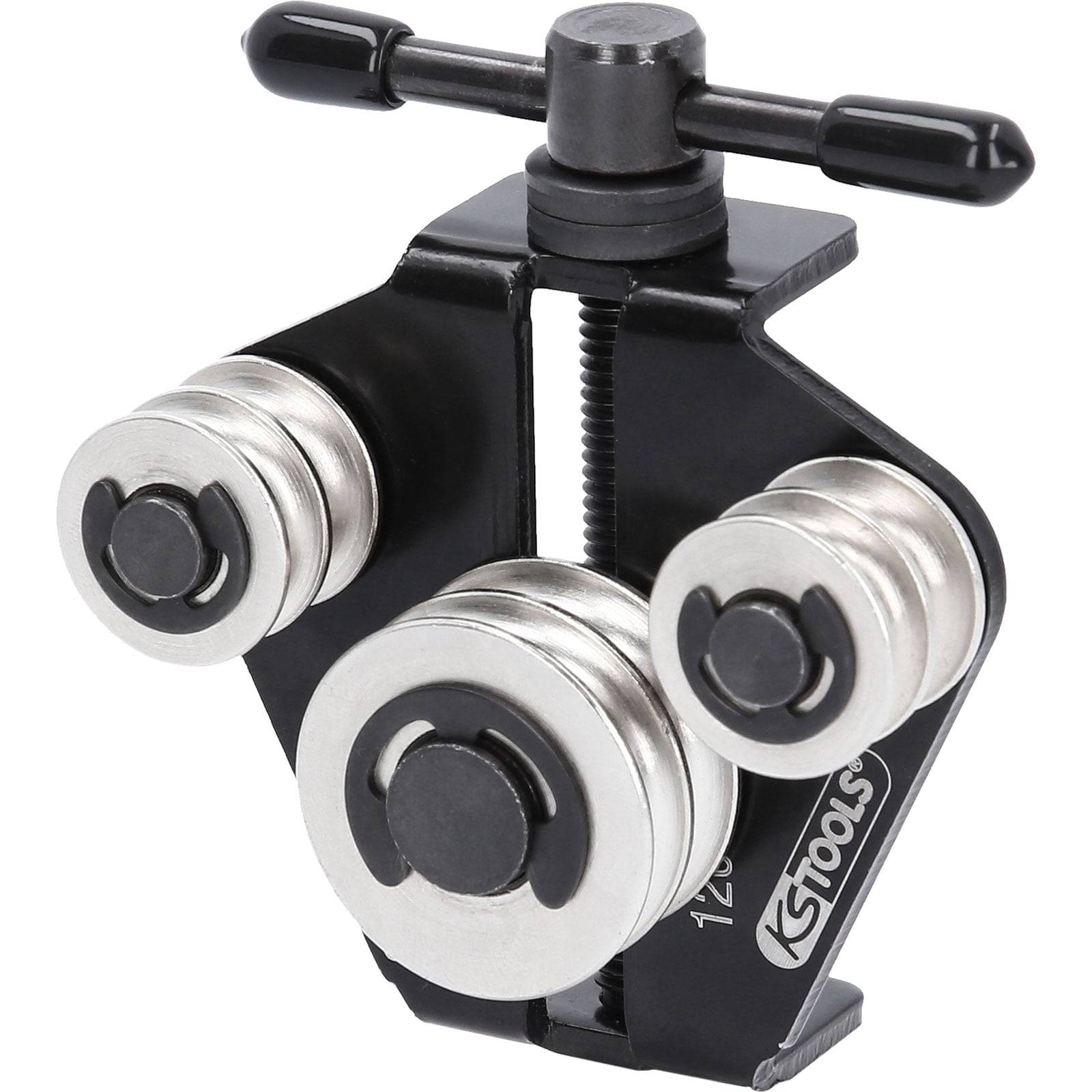 Ein Metallrohrbieger mit drei Rollenlager, Griff oben und 'KS Tools' Logo an der Seite, verwendet zum Formen von Rohren.