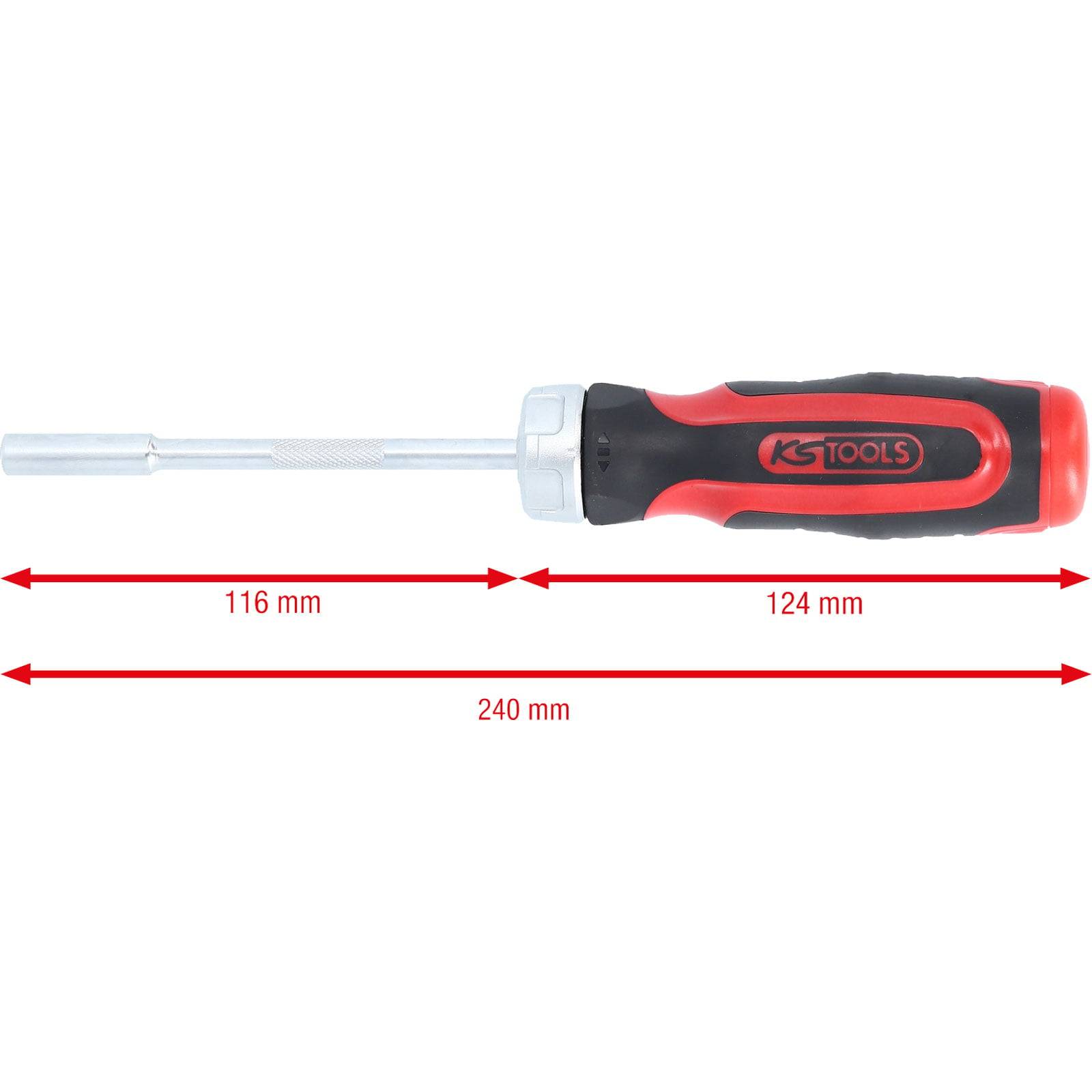 Schraubendreher mit schwarzem und rotem Griff, 240 mm lang. Abmessungen: Griff 124 mm, Schaft 116 mm.