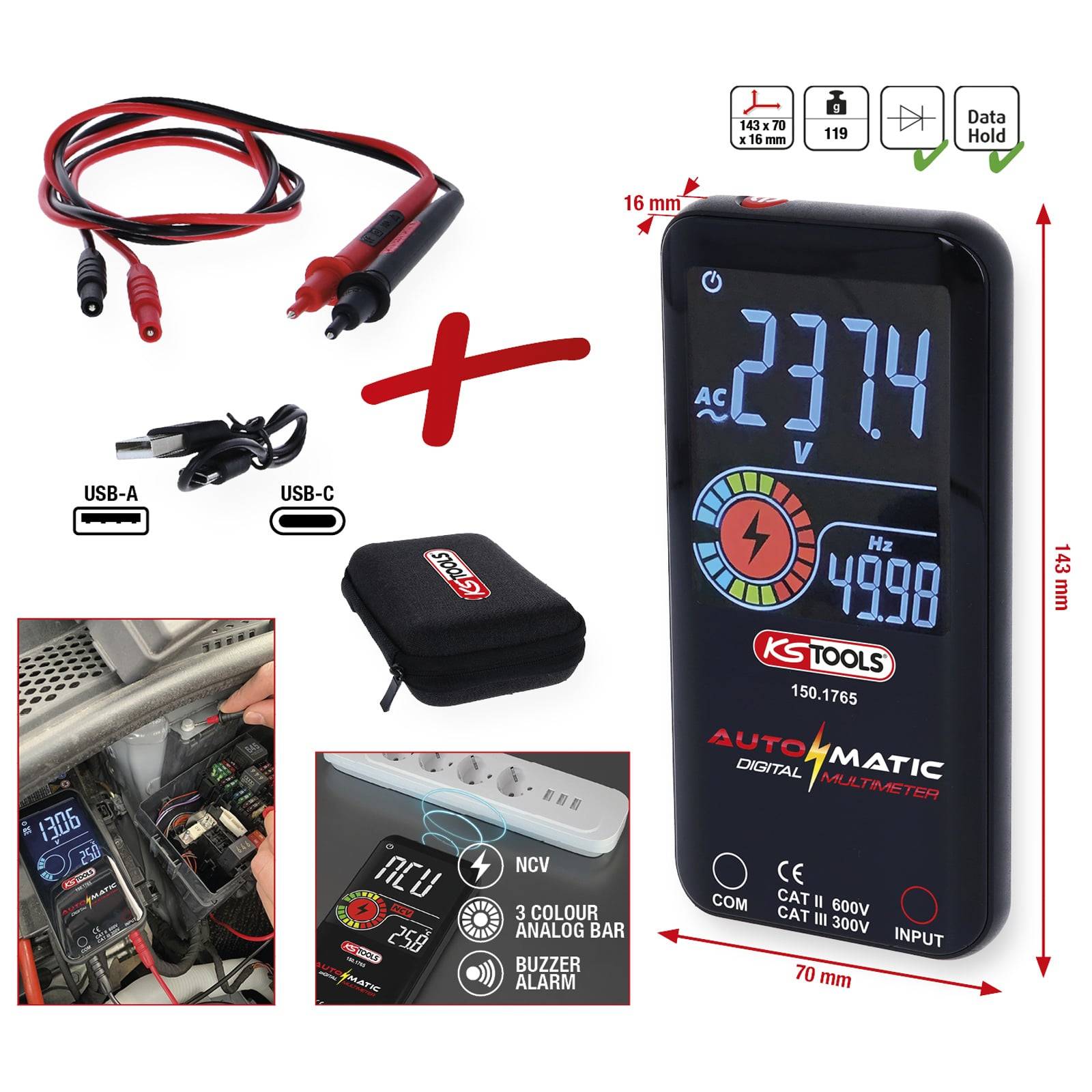 KS Tools Digitales Automatik-Multimeter mit Messungen für Volt, Kategoriebeurteilungen und Abmessungen. Inklusive USB-Kabel, Koffer und Nutzungsabbildungen.