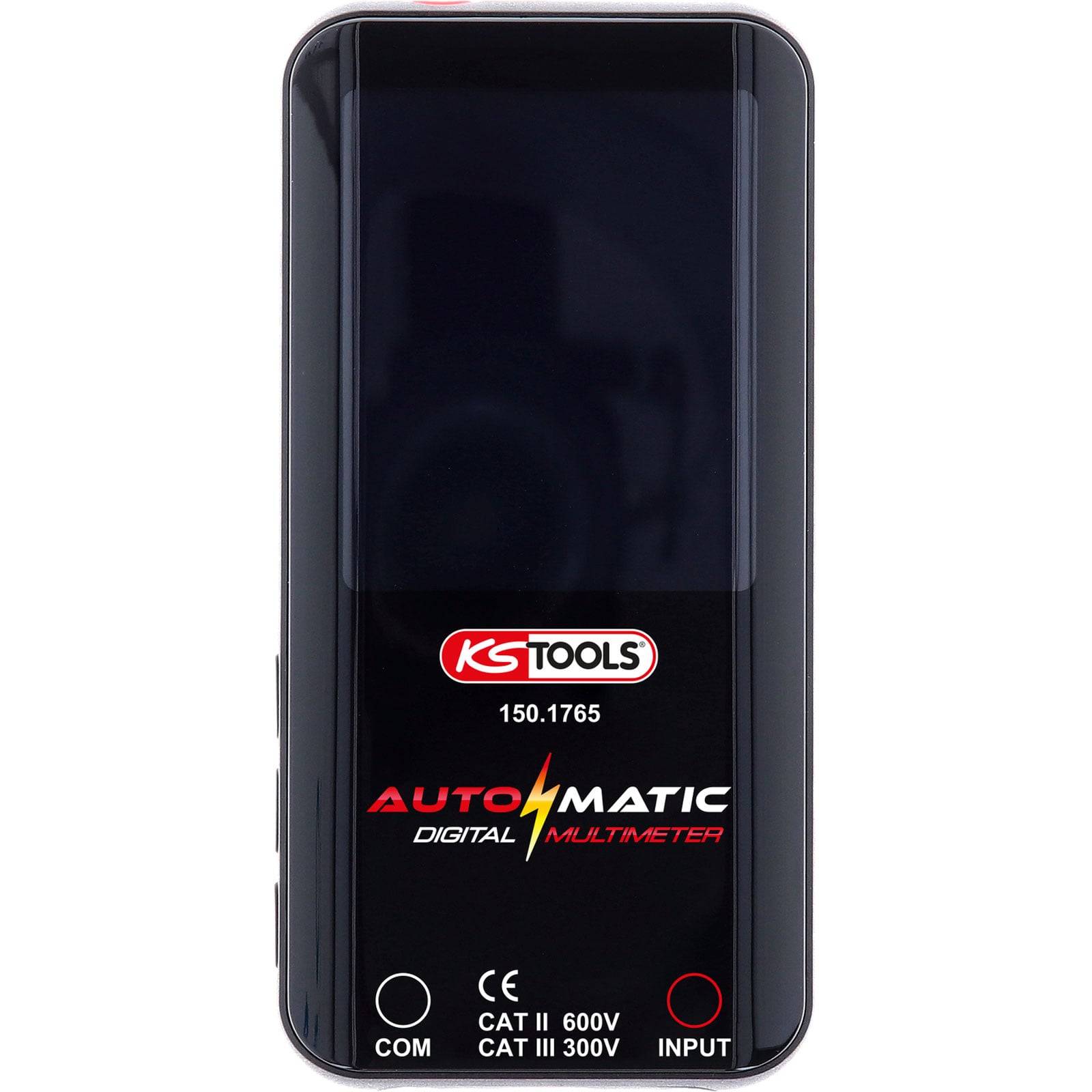 Digitales Multimeter 'Automatik' von KS Tools, Modell 150.1765, CAT III 300V, zeigt Anschlüsse mit den Bezeichnungen 'COM' und 'INPUT'.