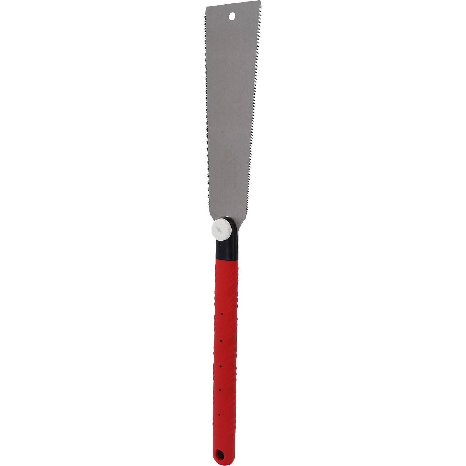 Eine Handsäge mit einer langen, dünnen Metallklinge und einem rot-schwarzen Griff, konstruiert für präzises Holzschneiden.