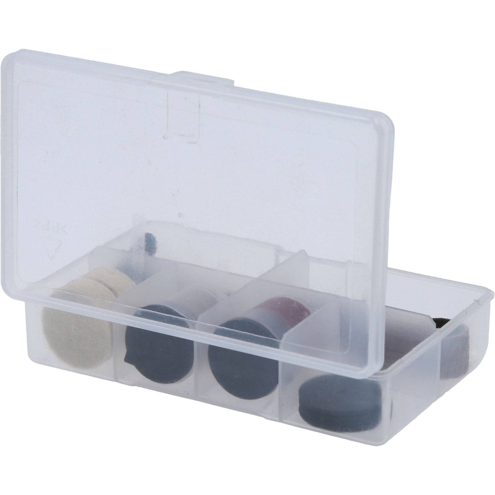 Eine transparente Plastikbox mit einem Klappdeckel enthält verschiedene runde Filzpads. Die Abschnitte sind unterteilt und zeigen unterschiedliche Farben.