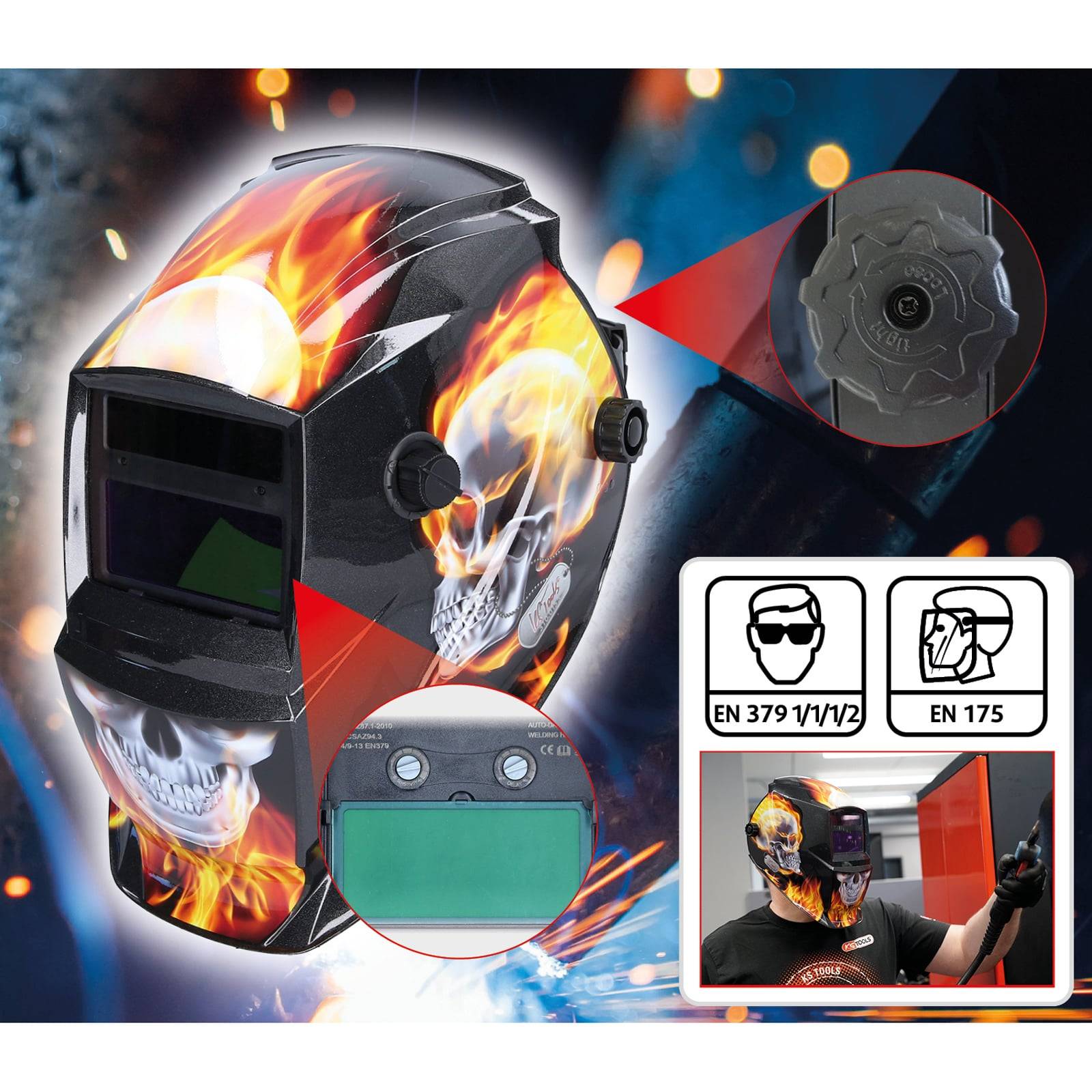 Schweißhelm mit Flammen- und Totenkopf-Design, der die Auto-Verdunkelungsfunktion zeigt. Eingesetzte Bilder heben Einstellknopf und Sicherheitsstandards hervor.