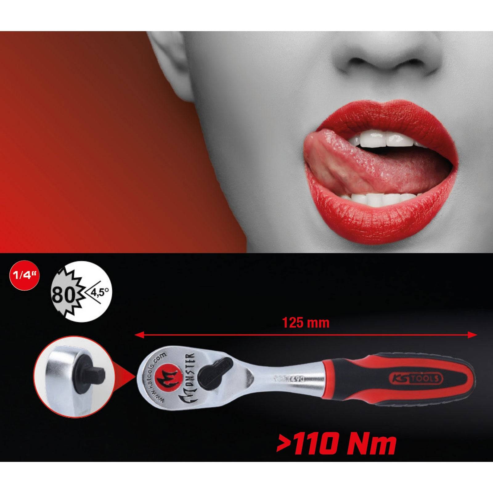 Ein Drehmomentschlüssel mit 1/4-Zoll-Antrieb und 4,5-Grad-Winkel, 125 mm lang, mit Frauenlippen im Hintergrund dargestellt.