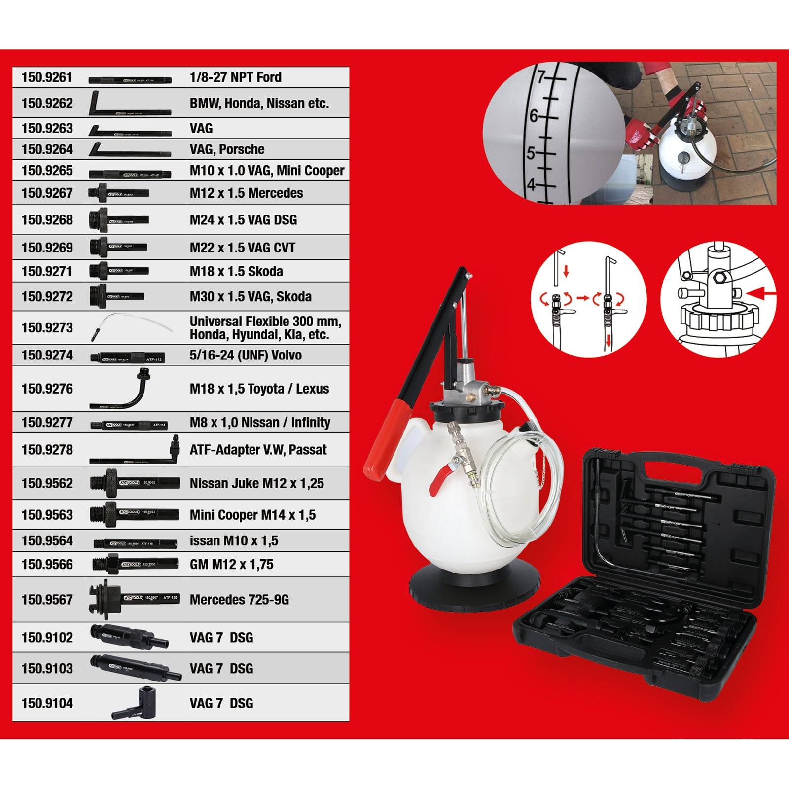KS TOOLS Universal Getriebeöl-Füllsystem-Satz mit 23-tlg Adaptersatz - 150.9105