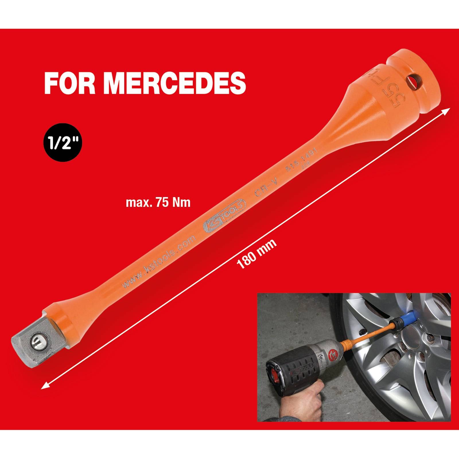 Ein orangefarbener Drehmomentadapter mit der Bezeichnung „FOR MERCEDES