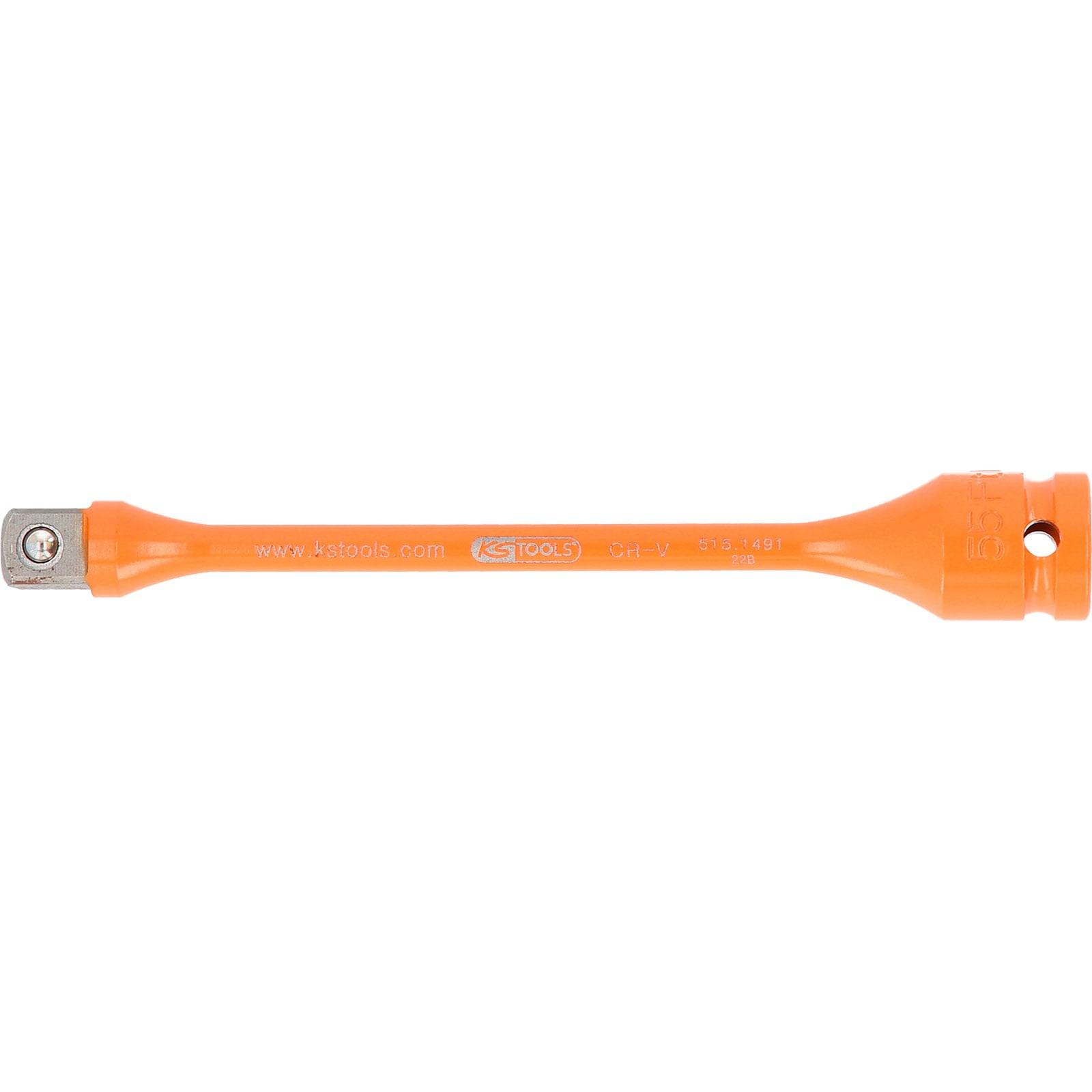 Eine orangefarbene isolierte Verlängerung für Steckschlüssel, entwickelt für elektrische Arbeiten, mit quadratischem Antriebsende.