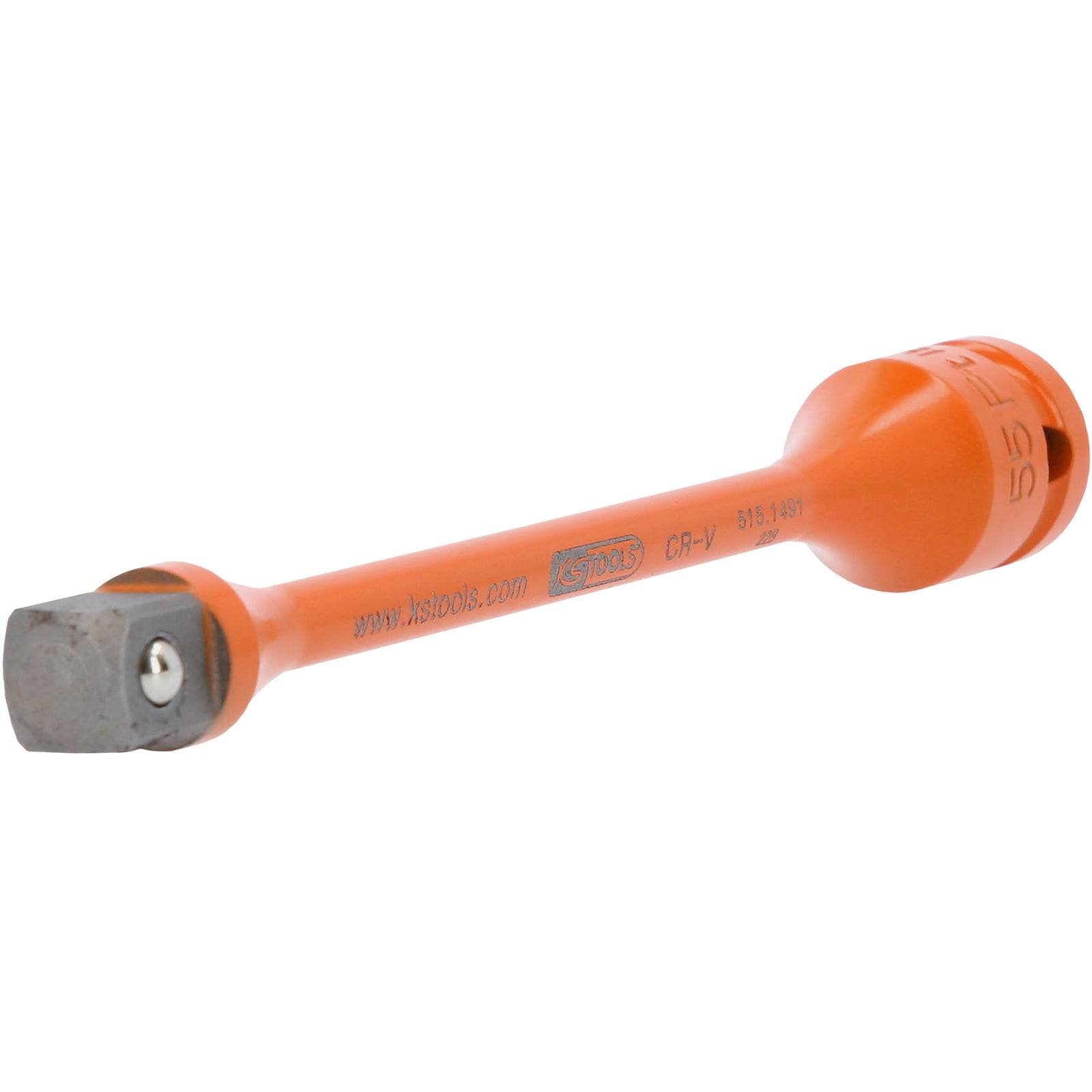 Ein orangefarbener isolierter Drehmomentschlüssel mit Vierkantantrieb, der zum sicheren Anziehen von Muttern und Schrauben und gleichzeitigen Verhindern von elektrischen Schlägen verwendet wird.