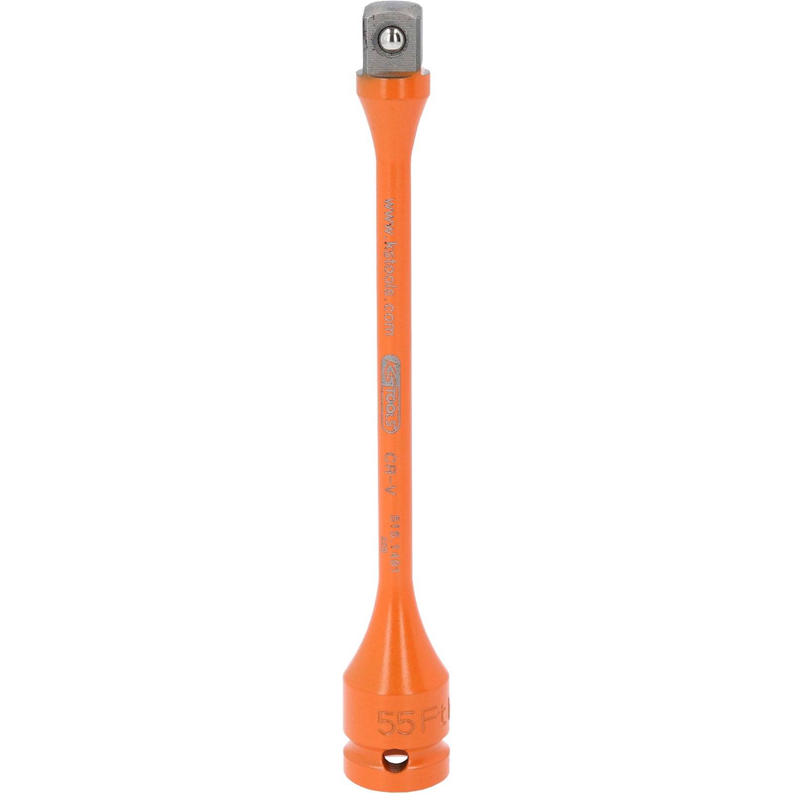 Ein orangefarbener Steckschlüsselverlängerung mit einem quadratischen Antriebsende; wird verwendet, um enge Räume bei mechanischen Arbeiten zu erreichen oder zu durchqueren.