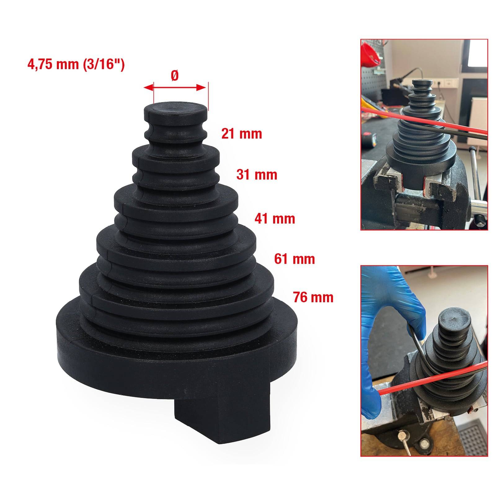 Schwingungsisolator mit mehreren Stufen und Messbezeichnungen: 0 bis 76 mm Höhe und bis zu 41 mm Durchmesser. In der Montage demonstriert.