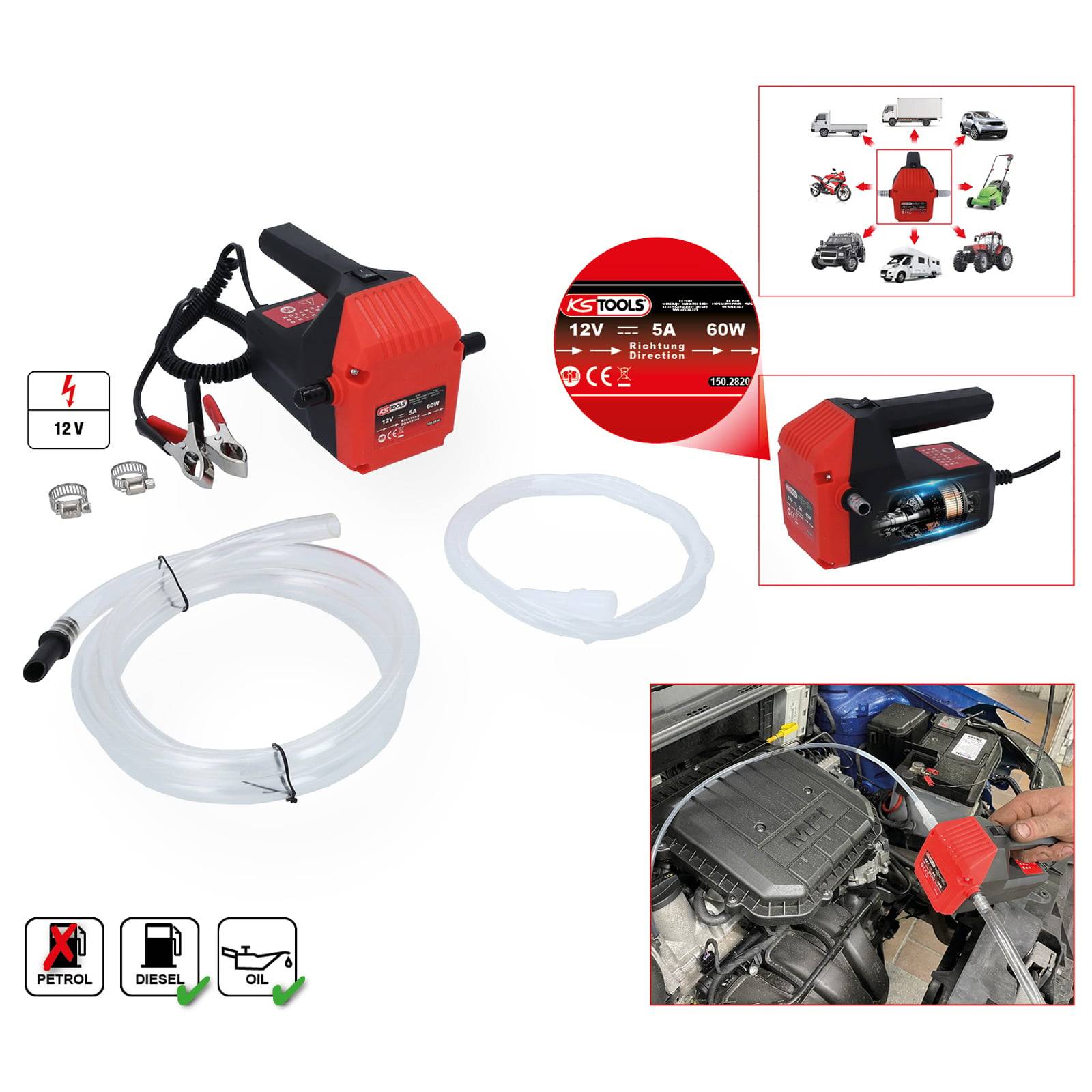 Tragbare elektrische Ölpumpe mit Kabeln, Schläuchen und Befestigungsklammern für Fahrzeuge. Einsetzbar für Autos, Motorräder und Traktoren. 12V, 5A, 60W.