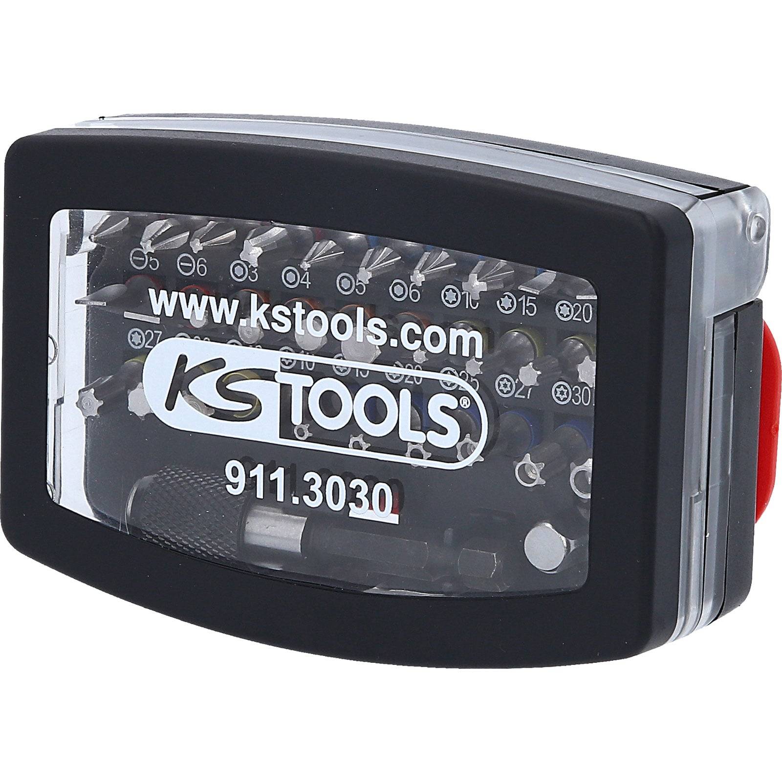 Ein kompaktes Etui mit mehreren Schraubenziehereinsätzen und einem Griff von KS Tools, mit einer Artikelnummer '911.3030' auf der Vorderseite.