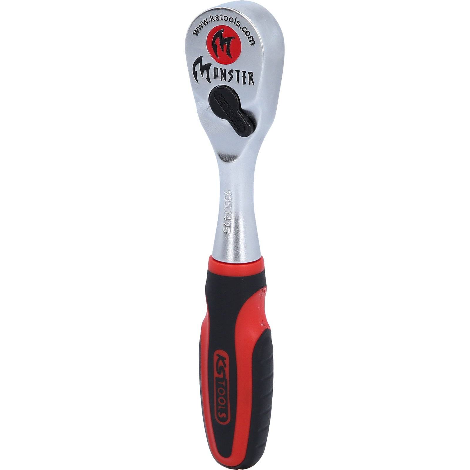 Ein Handwerkzeug-Ratsche mit einem schwarz-roten Griff, gekennzeichnet mit den Marken 'KS Tools' und 'Monster'.