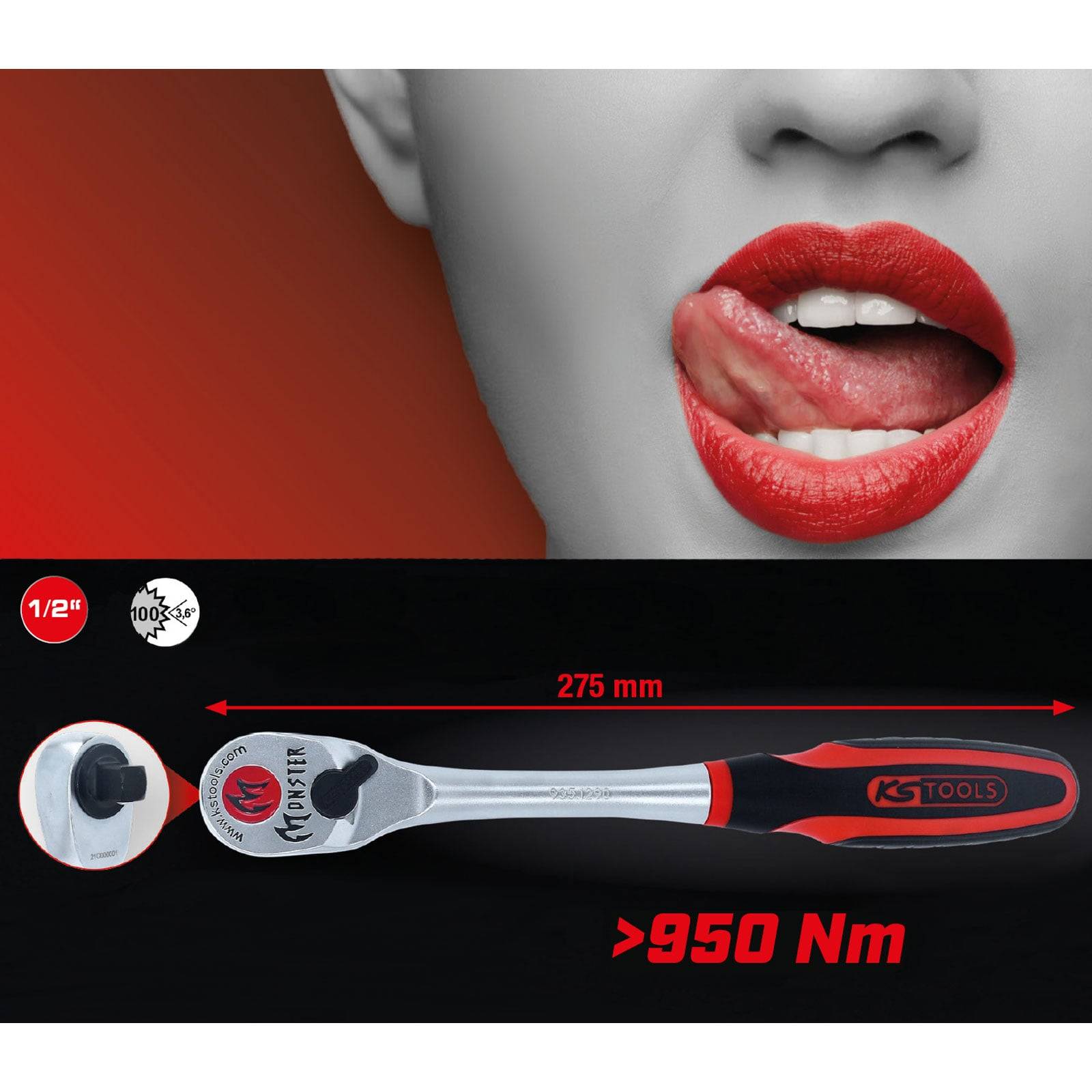 Ein Drehmomentschlüssel mit rot-schwarzem Griff neben einer Person, die sich die Lippen leckt. Der Schlüssel hat ein Drehmoment von über 950 Nm bei einer Länge von 275 mm.