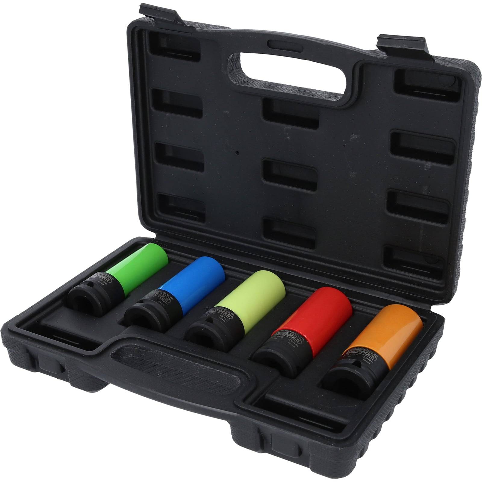 Ein schwarzer Koffer, der fünf farbenfrohe Steckschlüssel enthält, jeder in einer anderen Farbe: grün, blau, gelb, rot und orange.