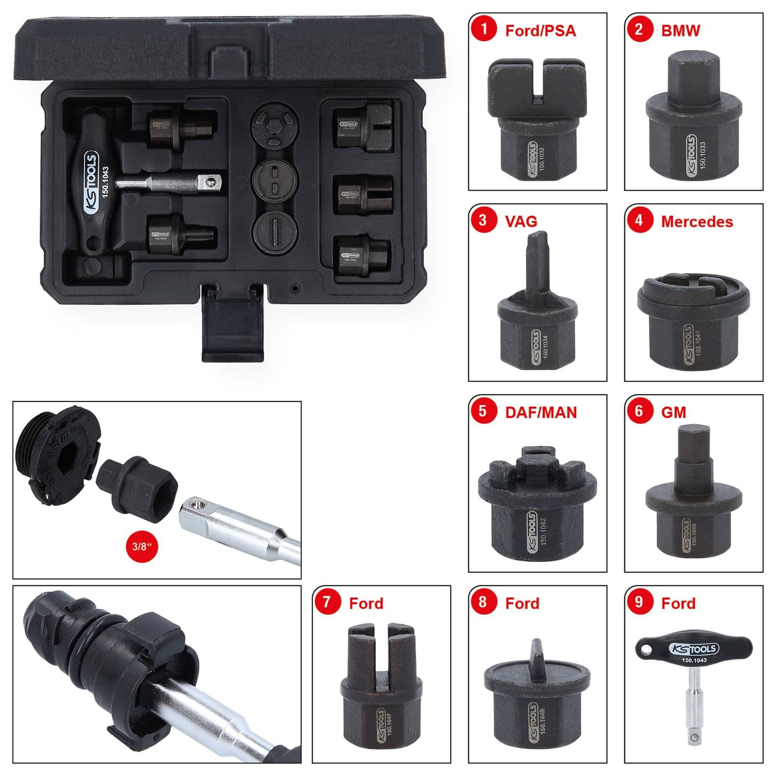 KS Tools' Glühkerzen-Anschluss-Set für verschiedene Fahrzeugmarken wie Ford/PSA, BMW, VAG, Mercedes, DAF/MAN, GM. Inklusive Adapter.