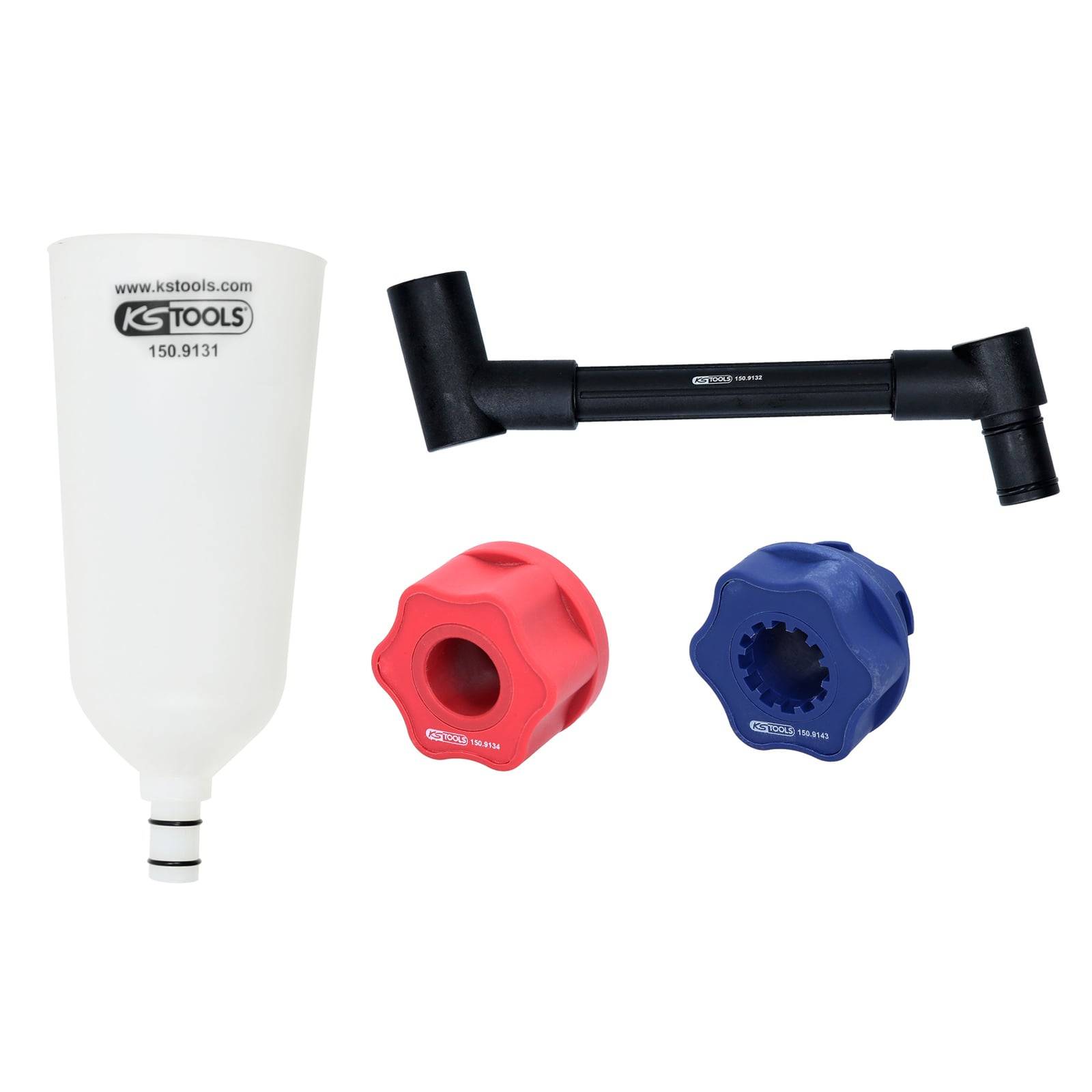 Ein weißer KS Tools Öltrichter mit roten und blauen Ölfilterschlüsseln.