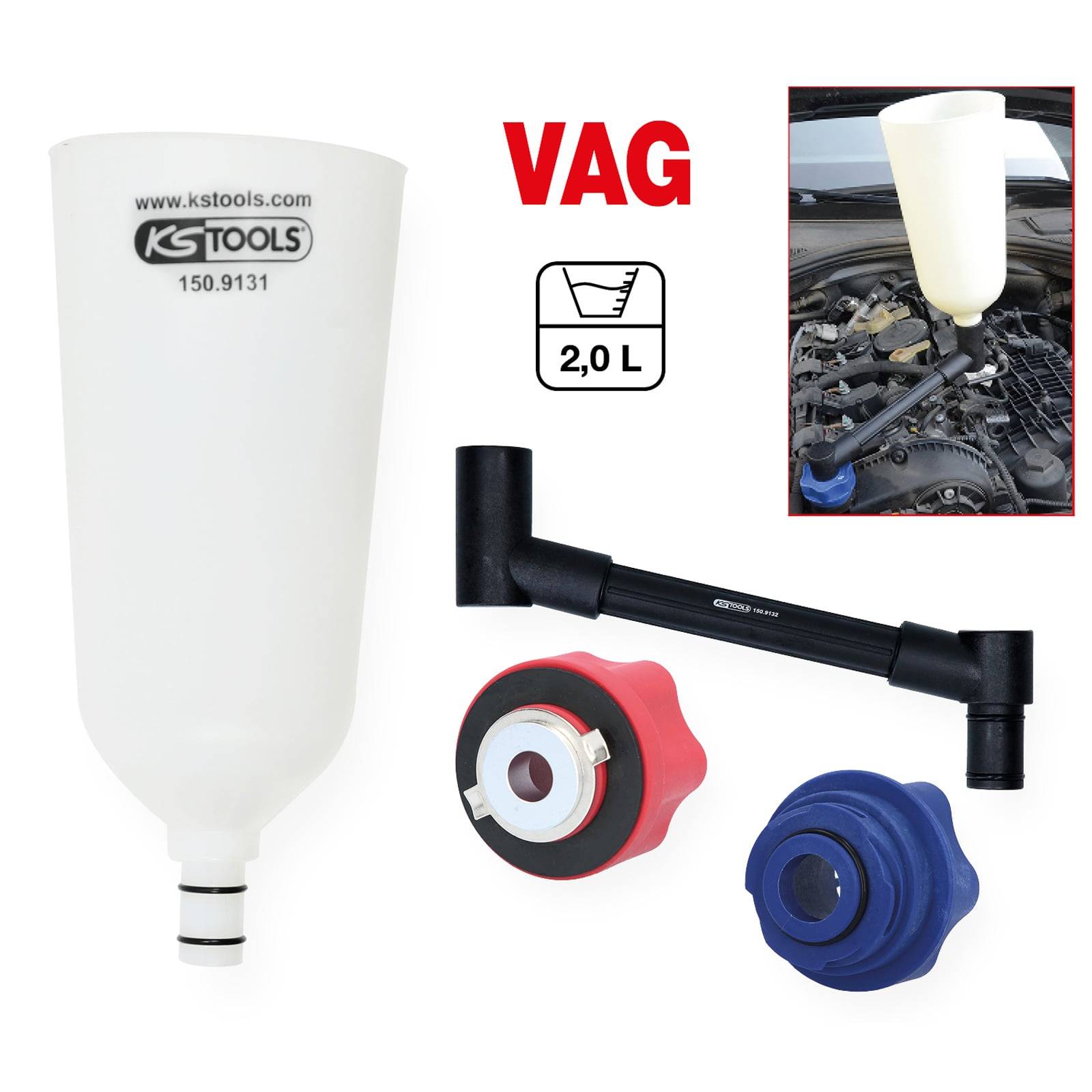 KS TOOLS Öl-Einfülltrichter-Satz mit drehbarem Winkelarm für VAG, 4-tlg - 150.9155